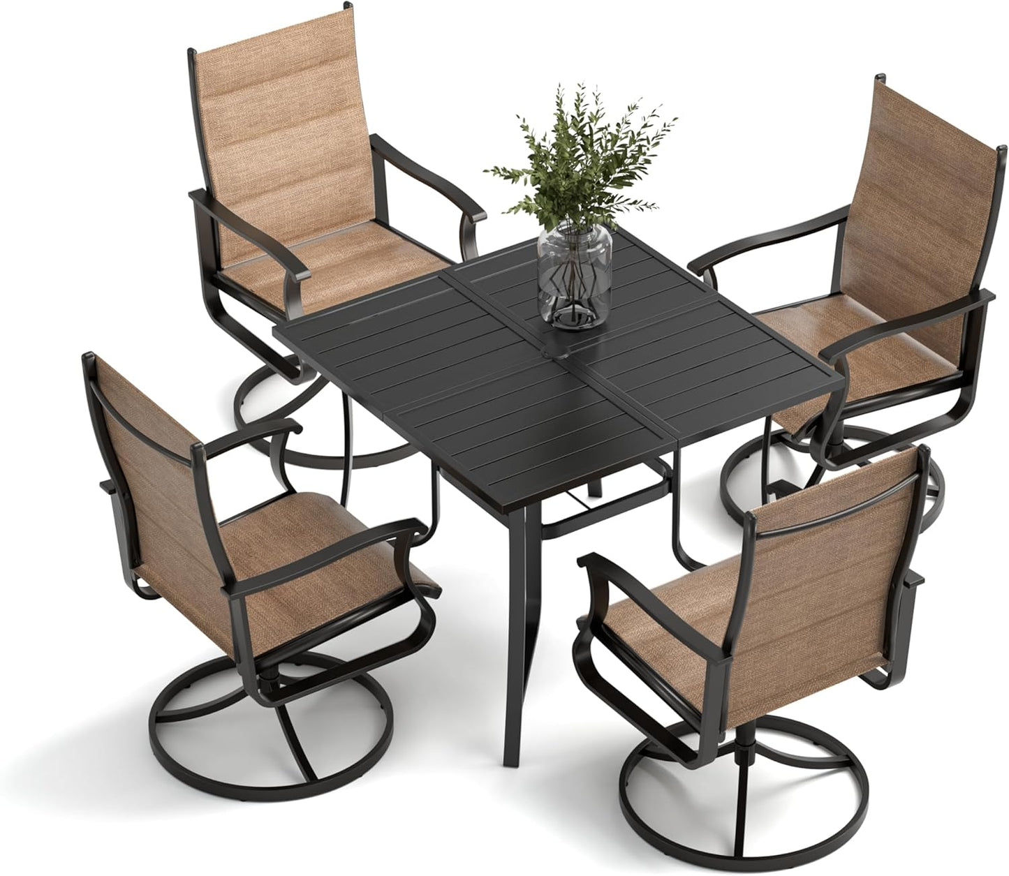 Amopatio 5 Pieces Patio Dining Set for 4, Outdoor Table and Chairs, 4 All Weather Padded Swivel Patio Chairs, 36" Patio Spliced Square Table with Umbrella Hole, for Backyard, Poolside & Garden, Brown