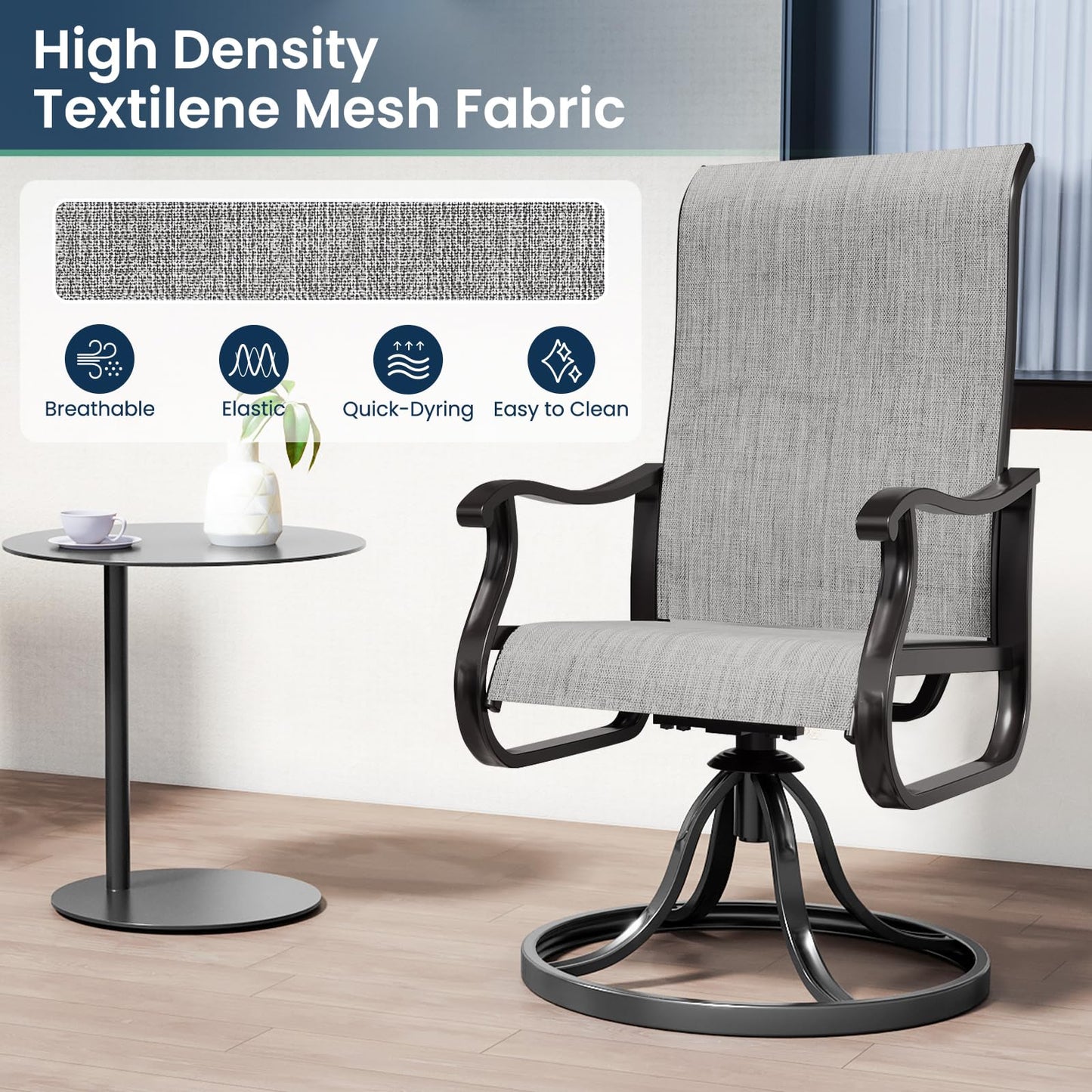 Amopatio Patio Swivel Chairs Set of 2, Outdoor Swivel Rocker Dining Chairs with All Weather Textilene High Back & Metal Frame, for Backyard Deck Lawn Garden, Dark Grey