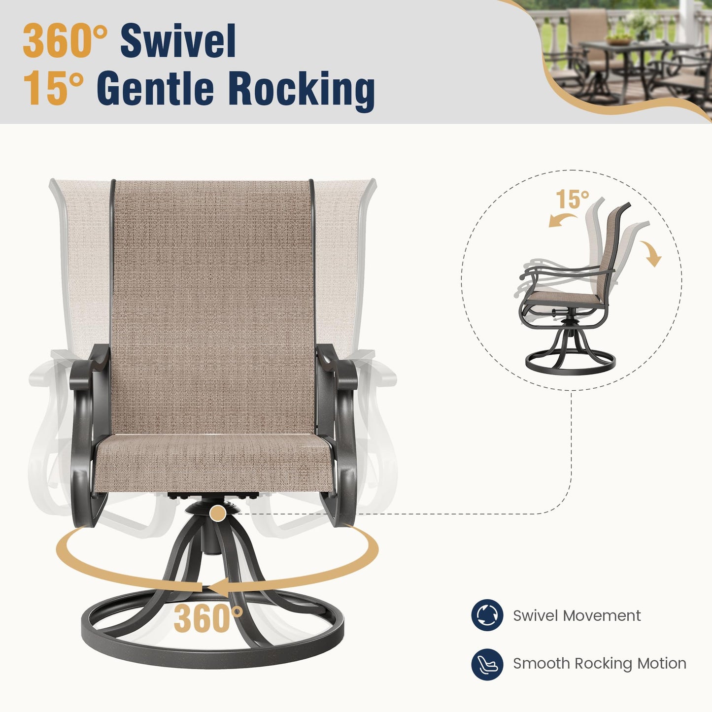 Amopatio Patio Swivel Chairs Set of 2, Outdoor Swivel Rocker Dining Chairs with All Weather Textilene High Back & Metal Frame, for Backyard Deck Lawn Garden, Brown