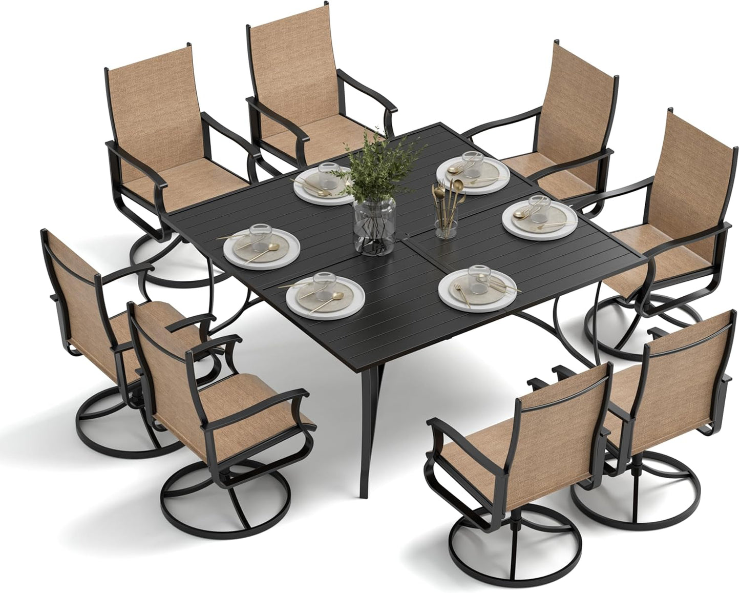 Amopatio 9 Pieces Patio Dining Set for 8, Outdoor Table and Chairs, 8 All Weather Swivel Patio Chairs, 60" Patio Spliced  Square Table with Umbrella Hole, for Deck, Backyard, Poolside & Garden, Brown