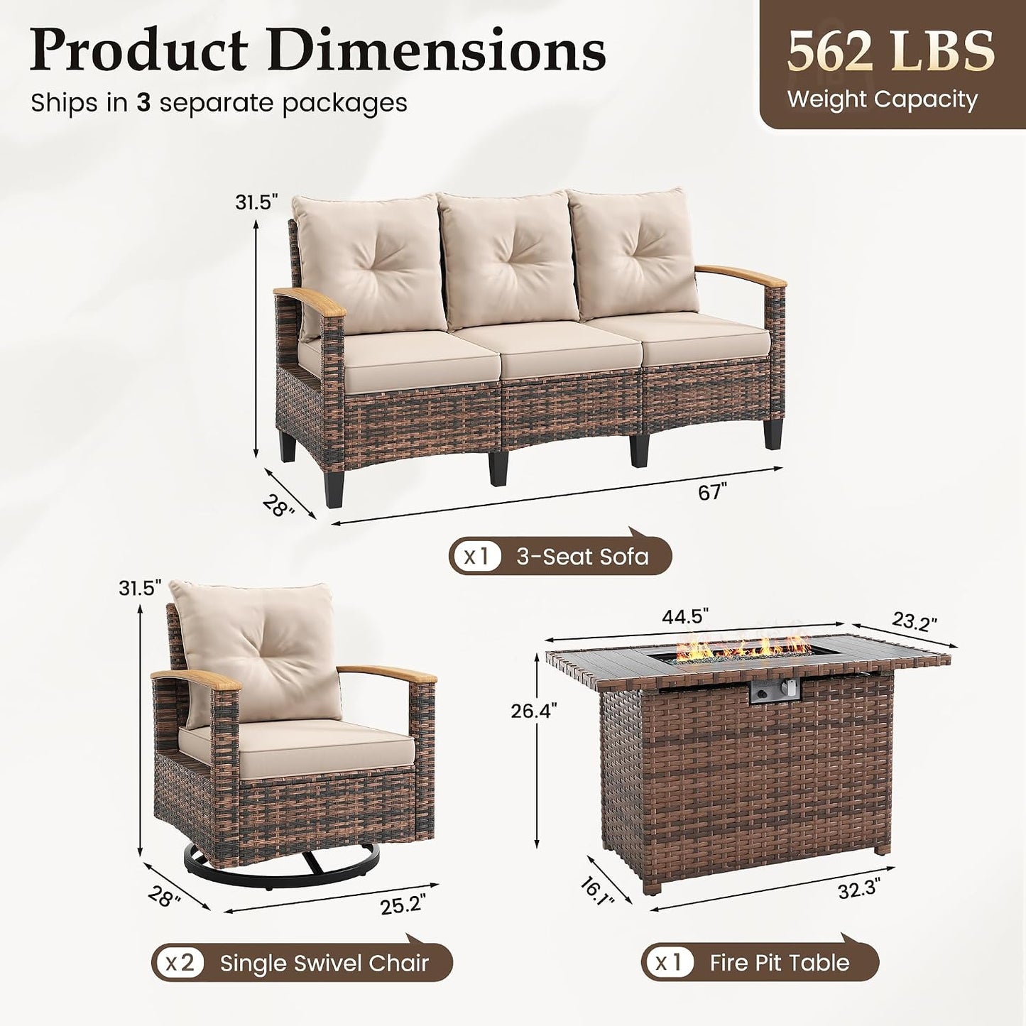 Amopatio Patio Furniture Set, 4 Pieces Outdoor Patio Conversation Sets with Swivel Chairs, Wicker Patio Furniture Set with Firepit Table, Outdoor Couch Set for Balcony, Porch, Deck, Backyard, Beige