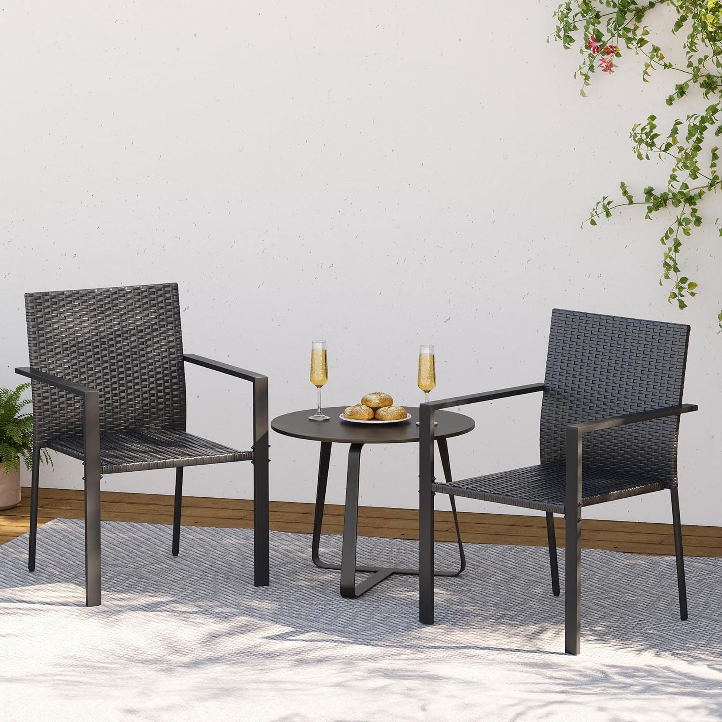 Amopatio Stackable Wicker Chairs, Patio Dining Chairs Set of 2, All-Weather Breathable Outdoor Dining Chair, Steel Frame, Armchair w/Armrests, for Garden, Porch, Deck, Poolside, Fire Pit, Black