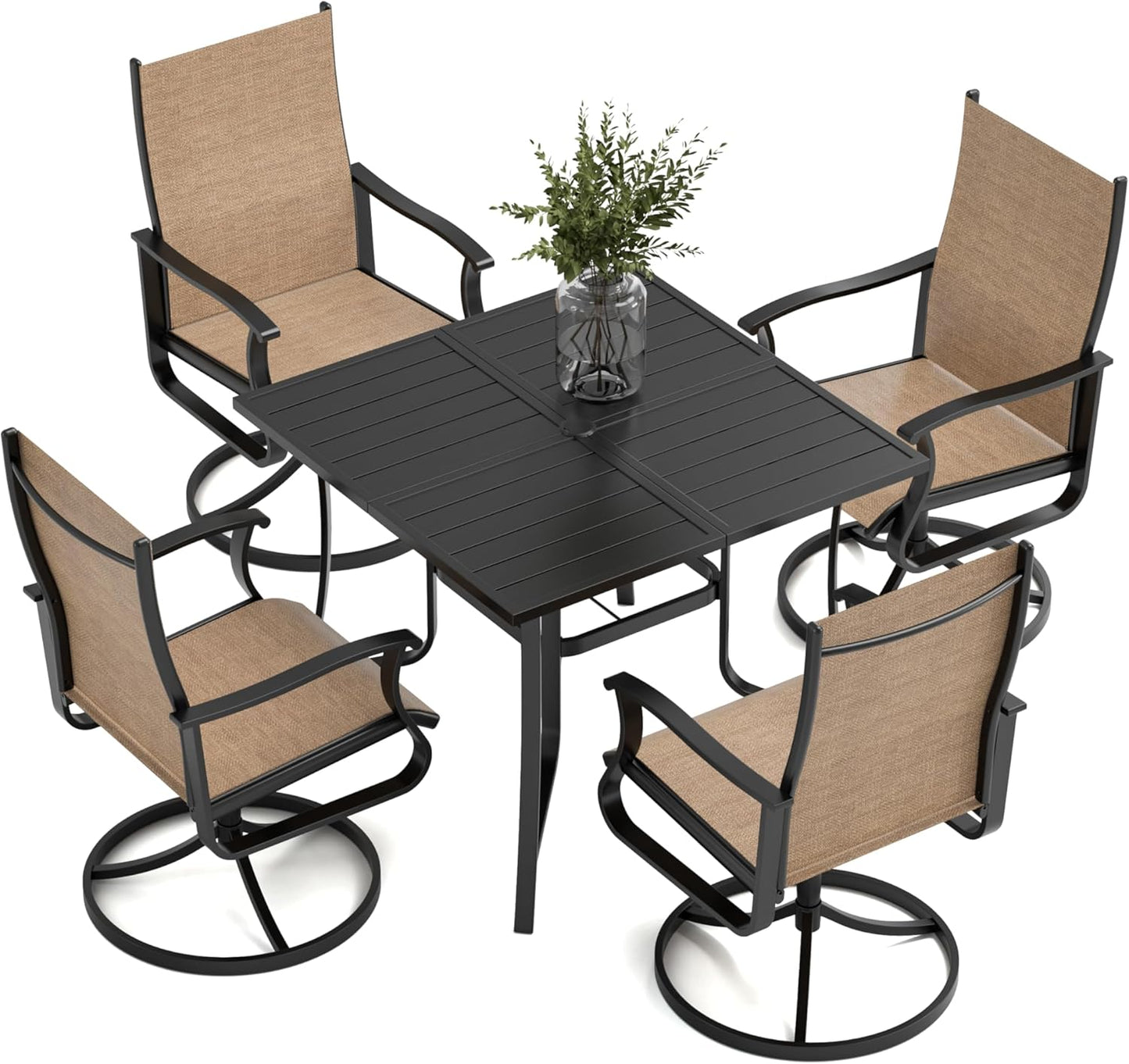 Amopatio 5 Pieces Patio Dining Set for 4, Outdoor Table and Chairs, 4 All Weather Swivel Patio Chairs, 36" Patio Spliced Square Table with Umbrella Hole, for Deck, Backyard, Poolside & Garden, Brown
