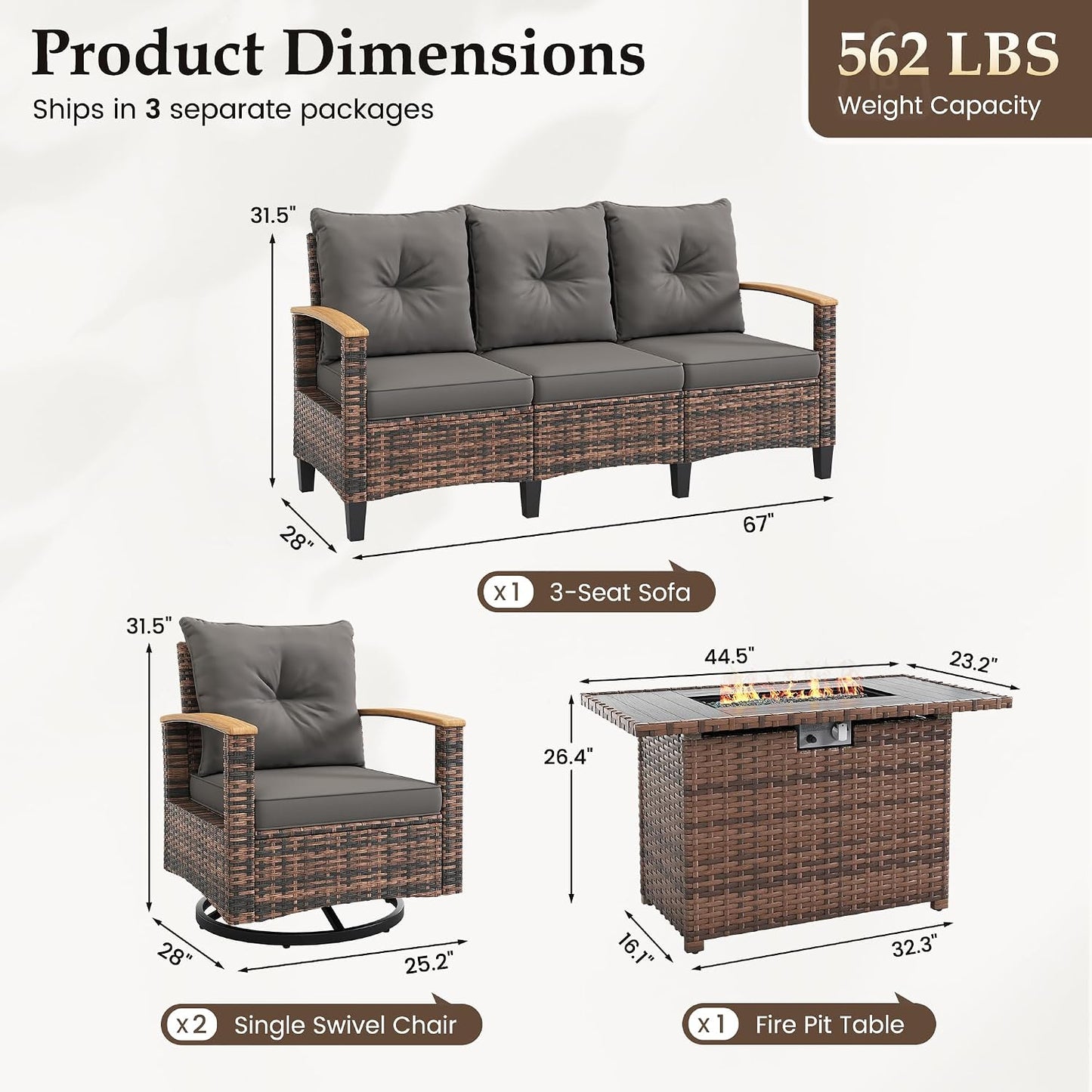 Amopatio Patio Furniture Set, 4 Pieces Outdoor Patio Conversation Sets with Swivel Chairs, Wicker Patio Furniture Set with Firepit Table, Outdoor Couch Set for Balcony, Porch, Deck, Backyard, Gray