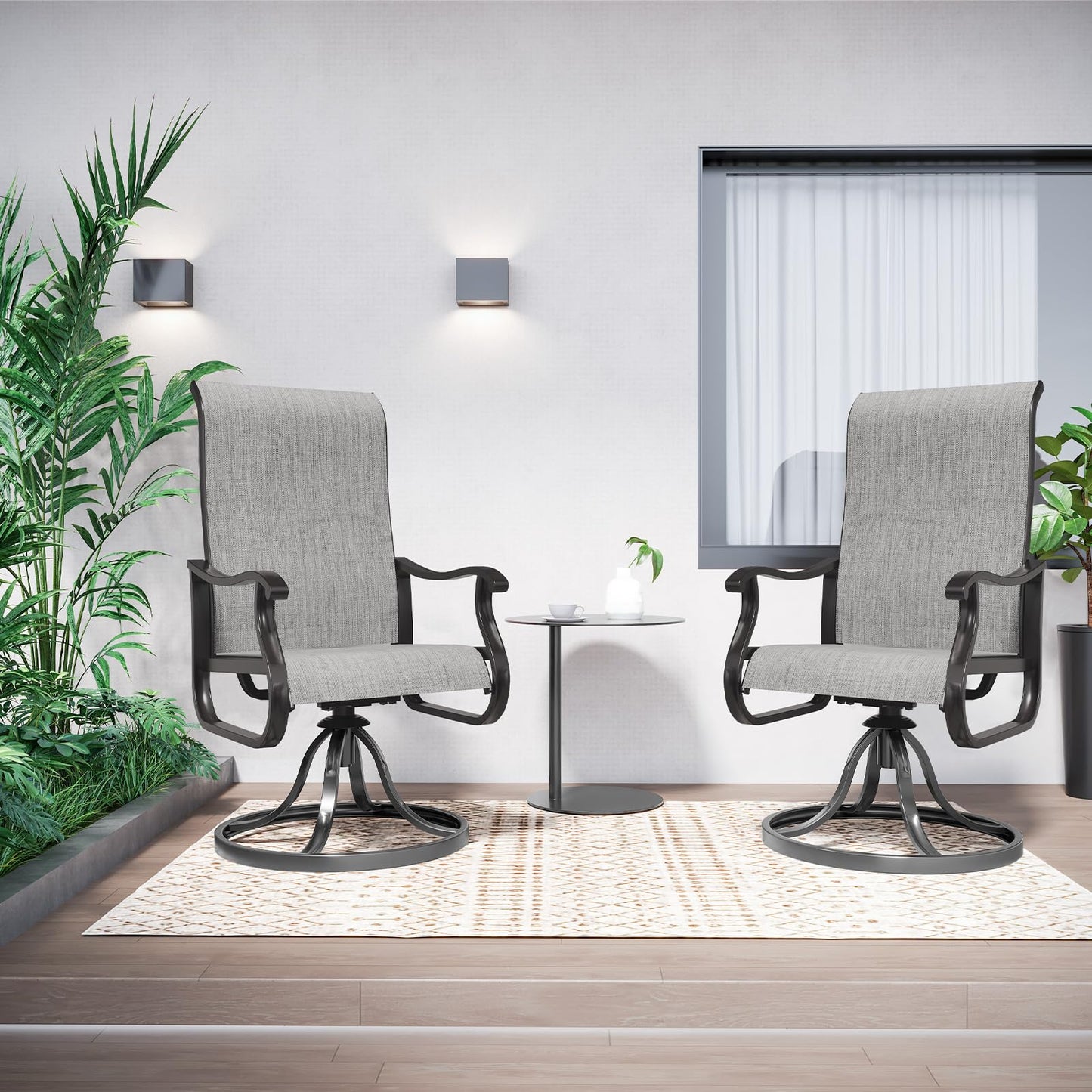 Amopatio Patio Swivel Chairs Set of 2, Outdoor Swivel Rocker Dining Chairs with All Weather Textilene High Back & Metal Frame, for Backyard Deck Lawn, Light Gray