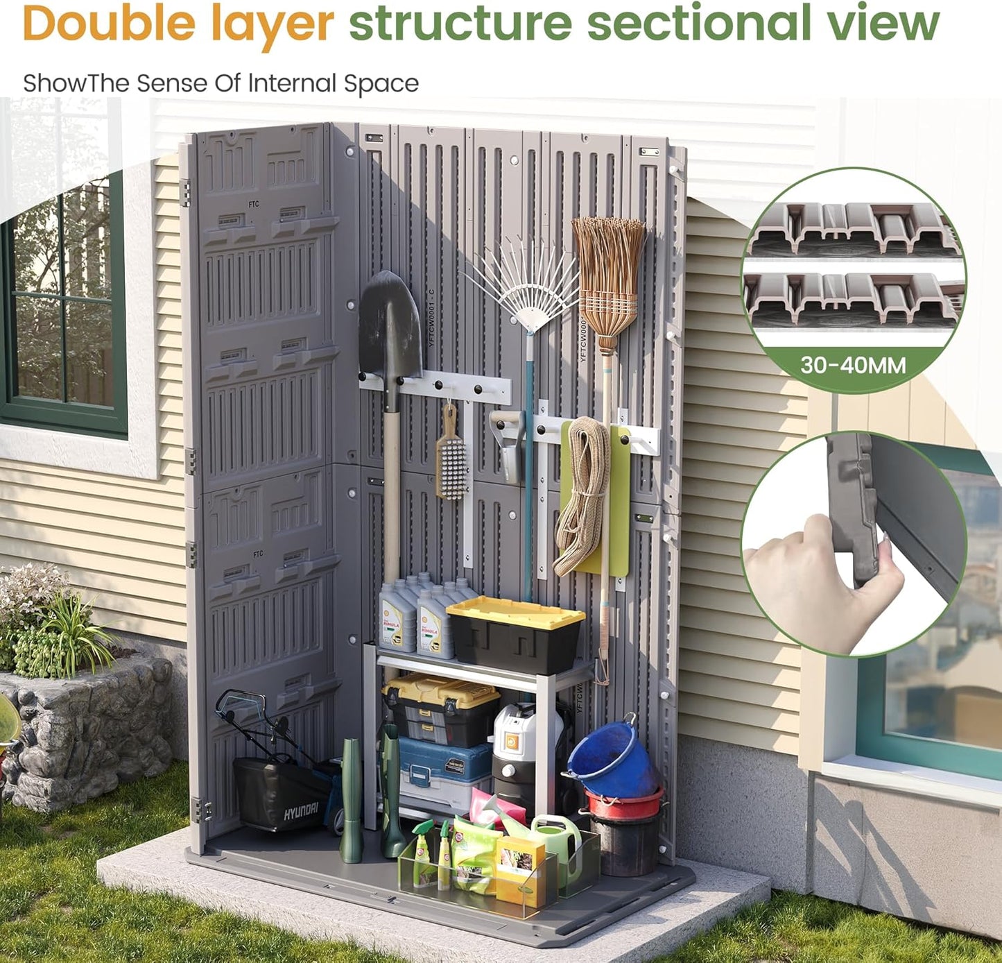 Amopatio 67 Cu Ft Premium Vertical Storage Shed, 4x6.5 FT Outdoor Resin Shed with Floor, Waterproof Weather Resistance Plastic Cabinet, Lockable Doors for Patio, Garden Tools, Lawn, Dark Grey