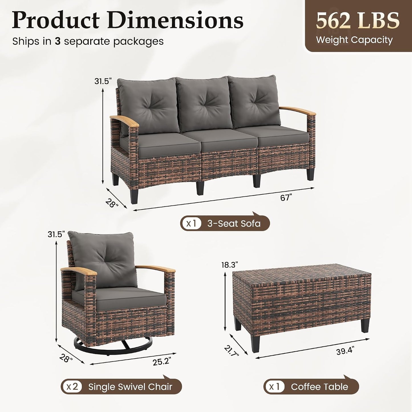Amopatio Patio Furniture Set, 4 Pieces Outdoor Patio Conversation Sets with Swivel Chairs, Wicker Patio Furniture Set with Storage Table, Outdoor Couch Set for Balcony, Porch, Deck, Backyard, Gray