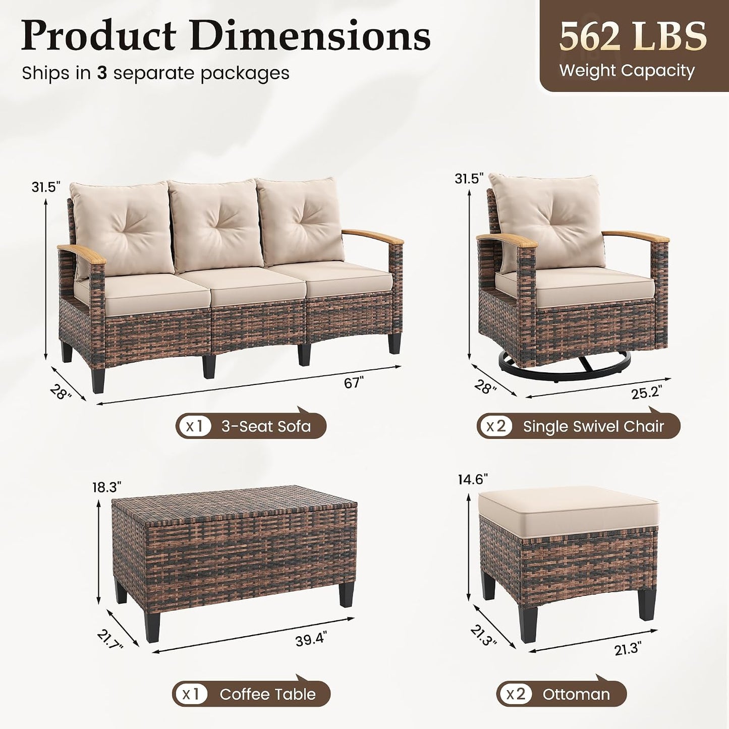 Amopatio Patio Furniture Set, 6-Piece Outdoor Patio Conversation Sets with Swivel Chairs, Wicker Patio Furniture Set with Storage Table & Ottoman, Outdoor Couch Set for Balcony, Porch, Deck, Beige