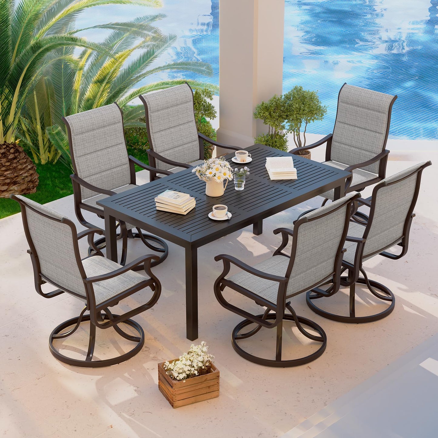 Amopatio Padded Patio Swivel Chairs Set of 6, Outdoor Dining Chairs with Ultra Soft Textilene High Back Seat & Metal Rocker Frame, for Backyard Deck Lawn Garden, Light Gray