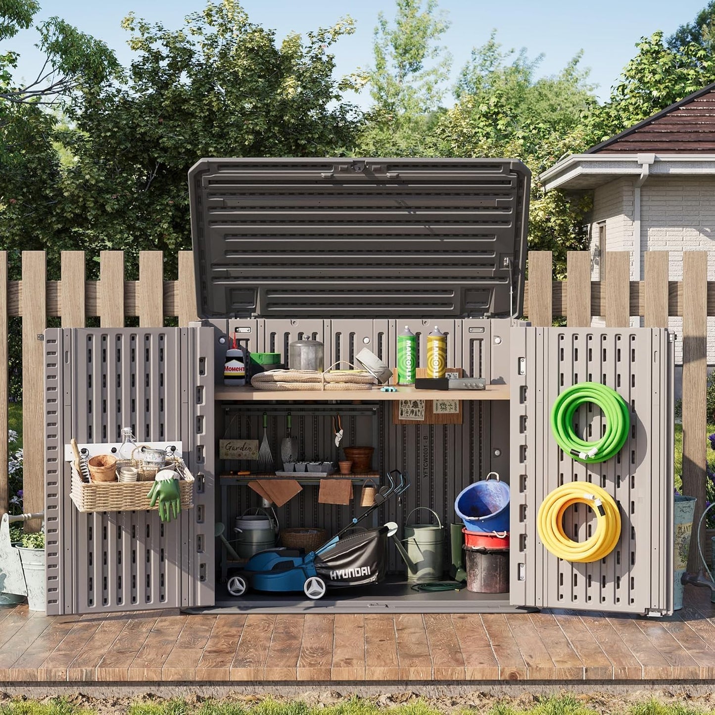Amopatio 37 Cu Ft Premium Vertical Storage Shed, Outdoor Resin Shed with Floor, Waterproof Weather Resistance Plastic Cabinet, Lockable Doors for Patio, Garden Tools, Lawn, Dark Grey