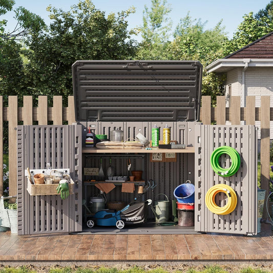 Amopatio 37 Cu Ft Premium Vertical Storage Shed, Outdoor Resin Shed with Floor, Waterproof Weather Resistance Plastic Cabinet, Lockable Doors for Patio, Garden Tools, Lawn, Dark Grey