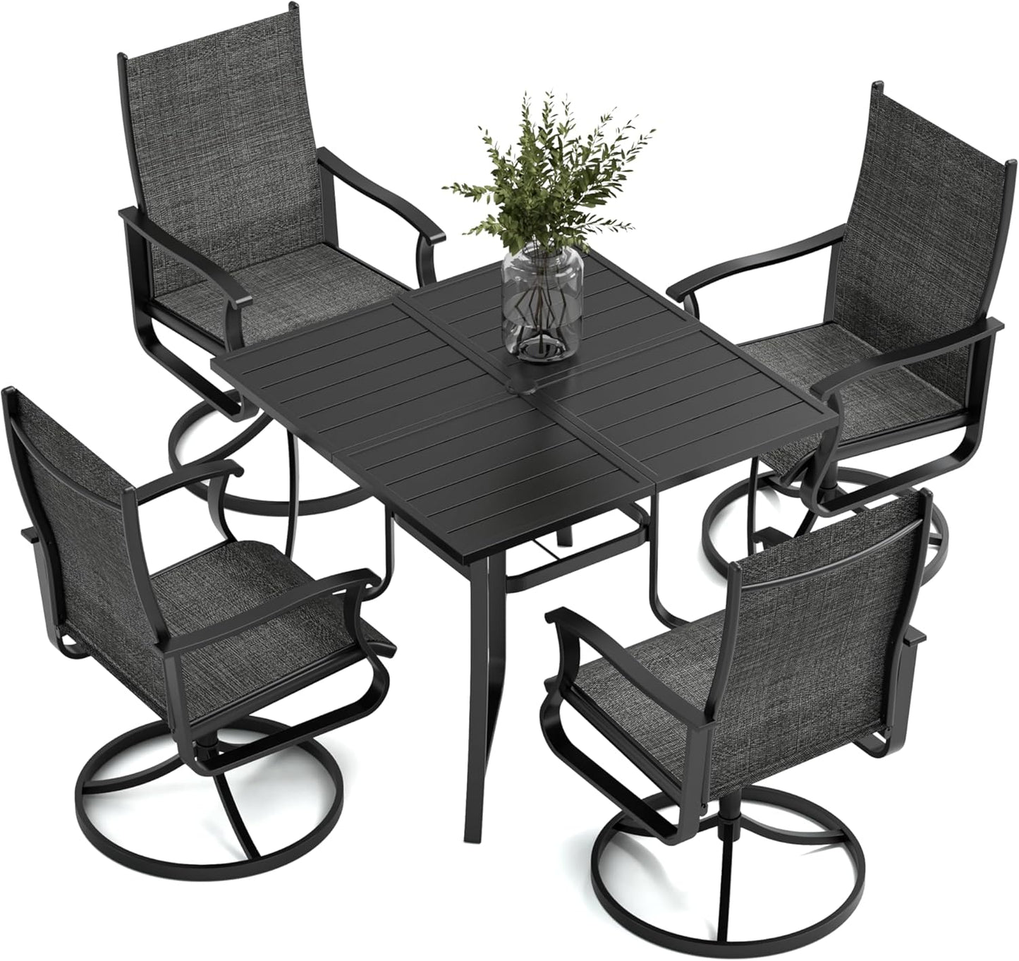 Amopatio 5 Pieces Patio Dining Set for 4, Outdoor Table and Chairs, 4 All Weather Swivel Patio Chairs, 36" Patio Spliced Square Table with Umbrella Hole, for Backyard, Poolside & Garden, Dark Gray