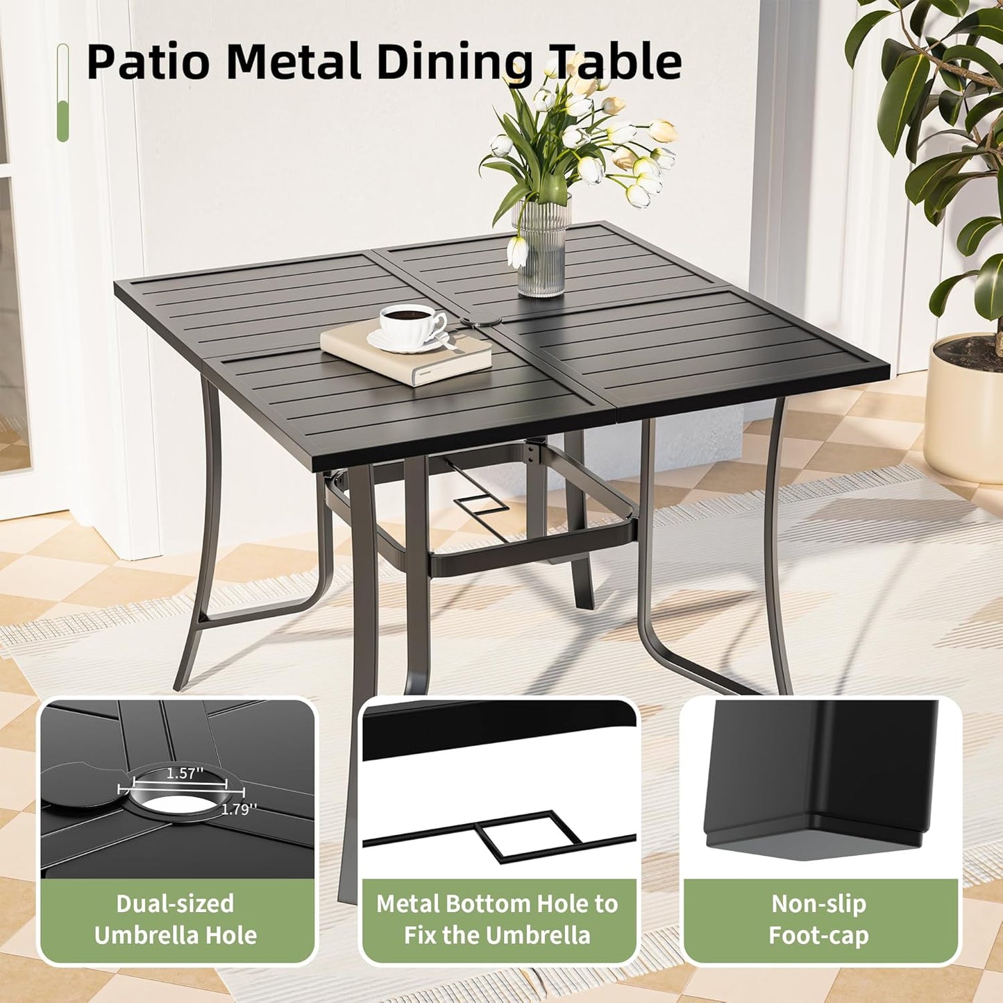 Amopatio 9 Pieces Patio Dining Set for 8, Outdoor Table and Chairs, 8 All Weather Swivel Patio Chairs, 60" Patio Spliced  Square Table with Umbrella Hole, for, Backyard & Poolside, Dark Gray
