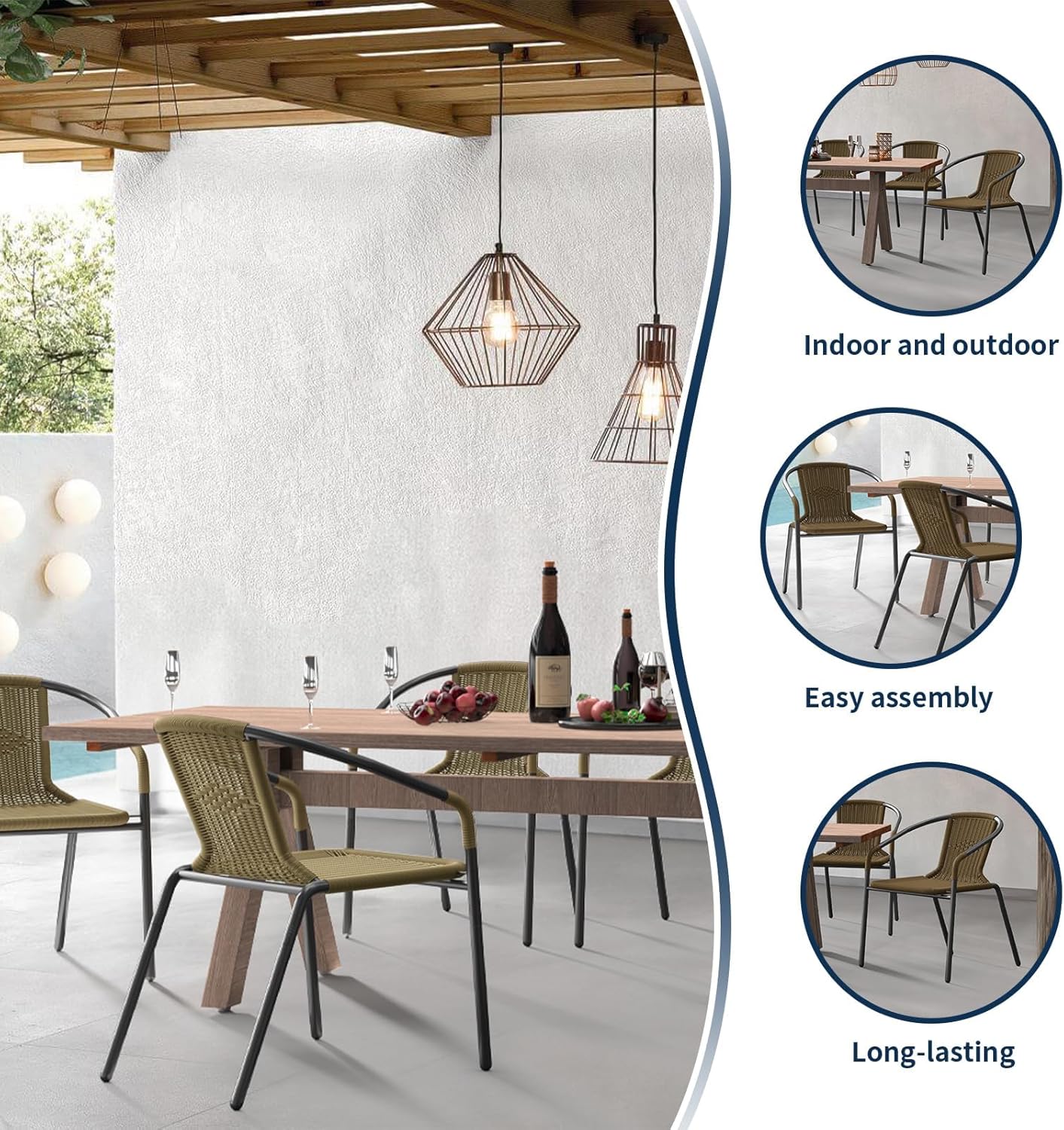 Amopatio Outdoor Dining Chairs Set of 6, Rattan Patio Chairs Wicker, Stackable Indoor-Outdoor Chair, Bistro, Deck, Yard, Porch, Restaurant Stack Chair 6 Pack, Brown