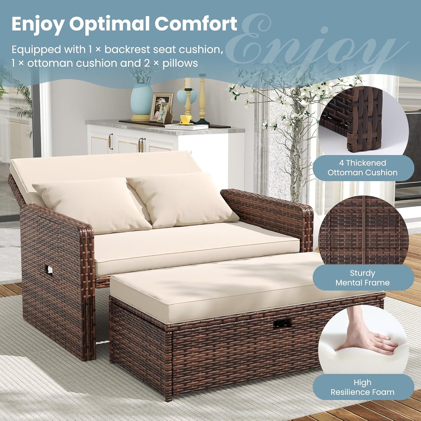 Amopatio Wicker Outdoor Daybed - Outdoor Loveseat with Storage Ottoman,4-Level Adjustable Backrest & Cushions, Patio Loveseat for Yard, Balcony, Porch, Garden, Poolside（Beige）