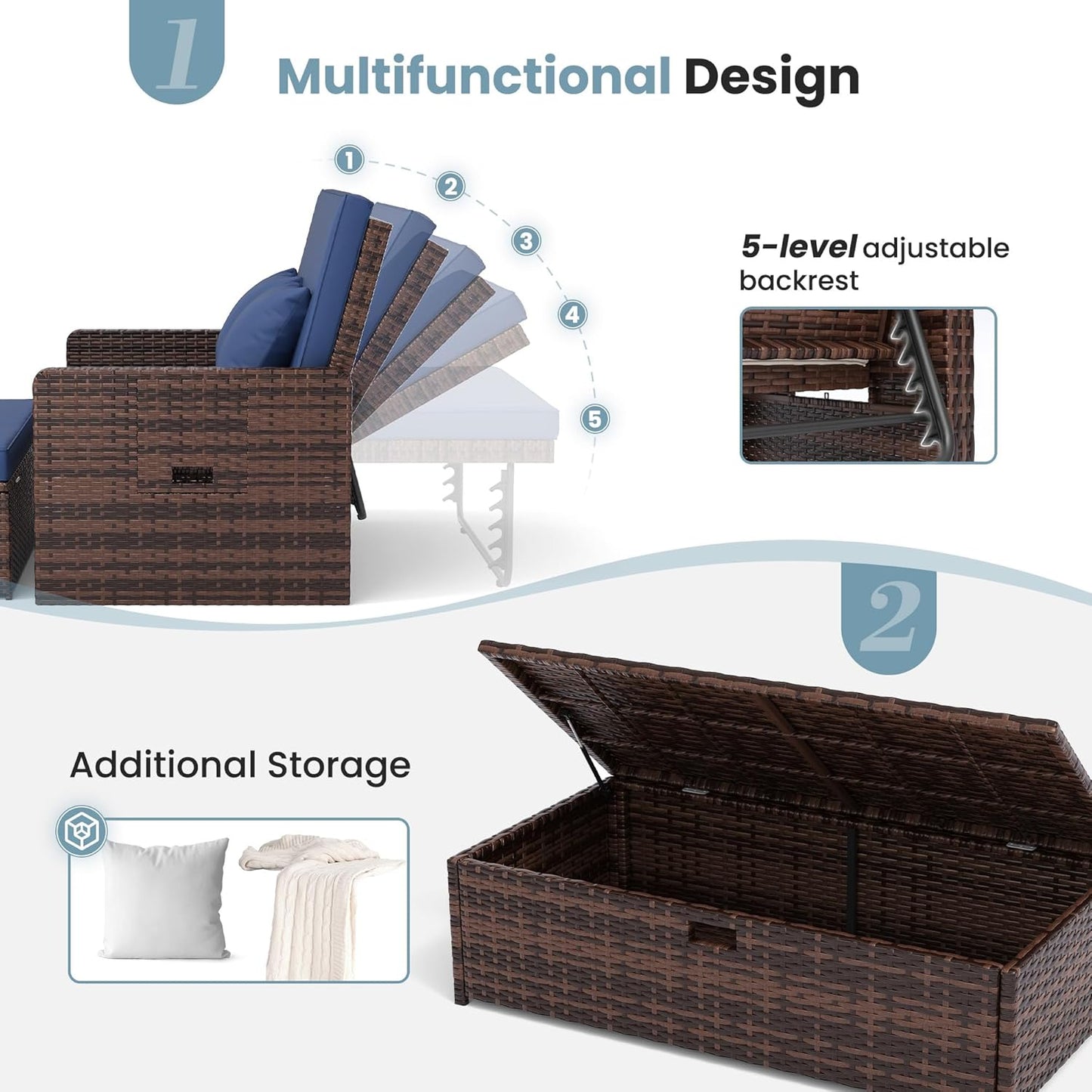 Amopatio Wicker Outdoor Daybed, Outdoor Loveseat with Storage Ottoman