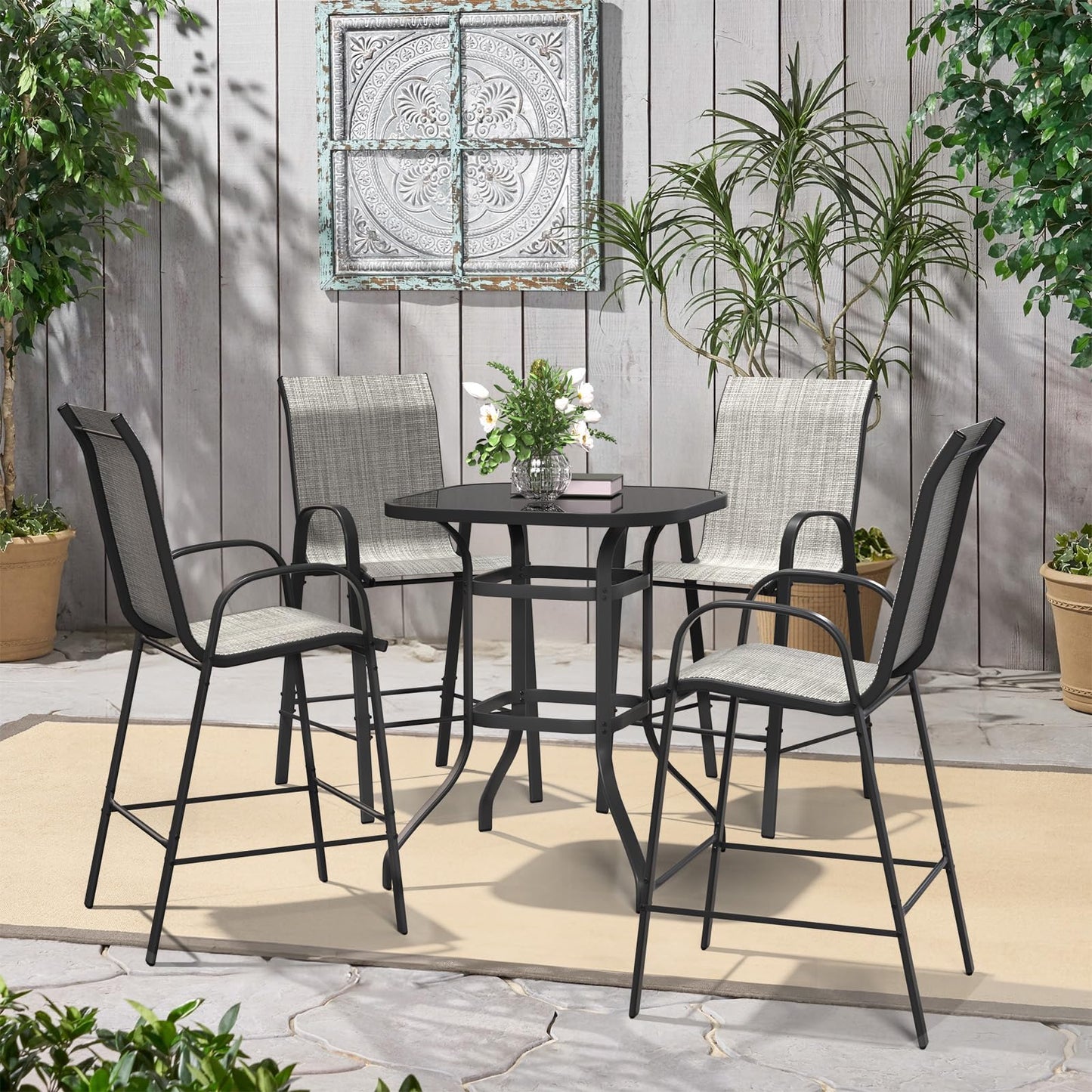 Amopatio Outdoor Bar Stools Set of 4, High Back Outdoor Bar Chairs, All-Weather Textile Bar Height Patio Chair, Sturdy Patio Bar Stools for Backyard, Porch, Light Grey
