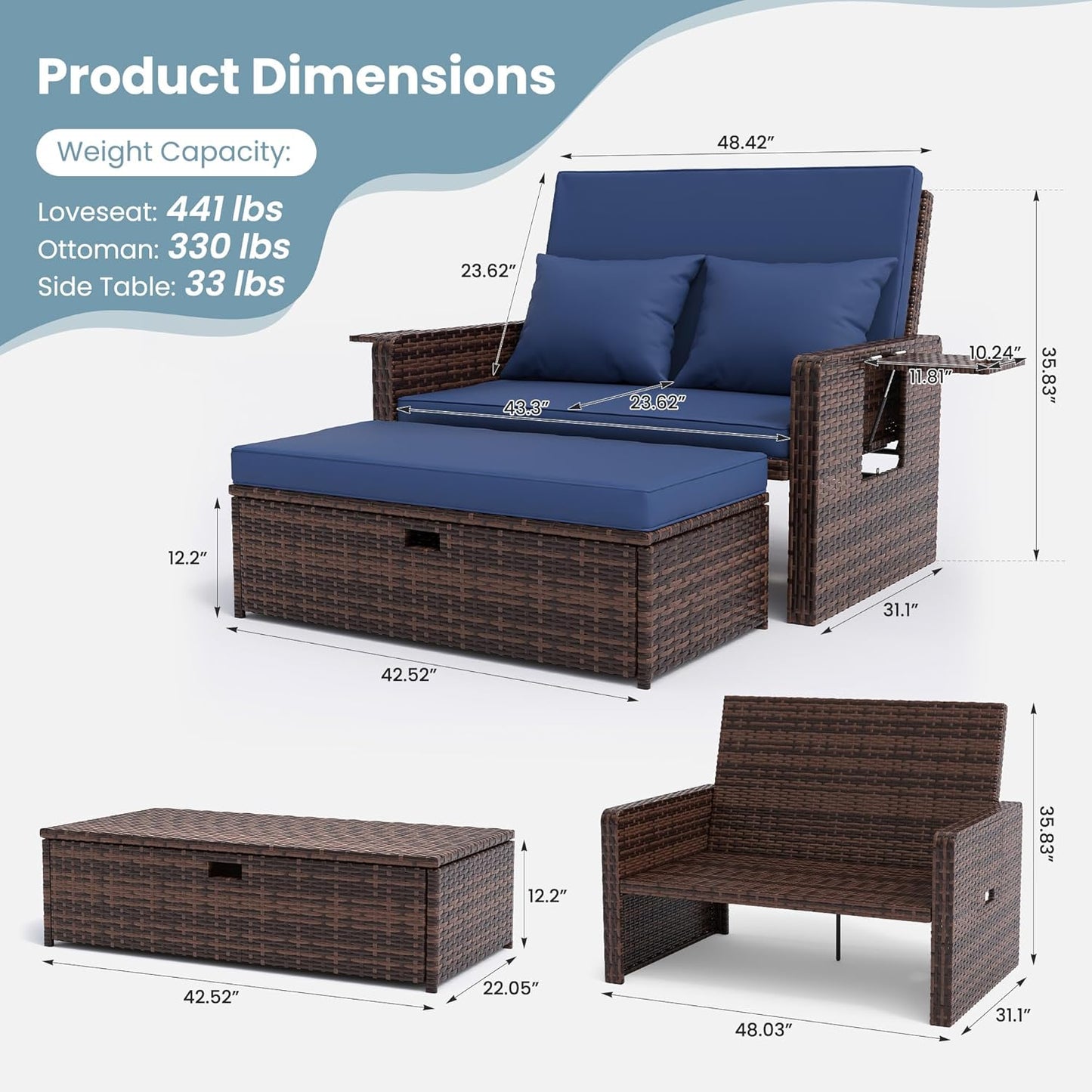 Amopatio Wicker Outdoor Daybed, Outdoor Loveseat with Storage Ottoman