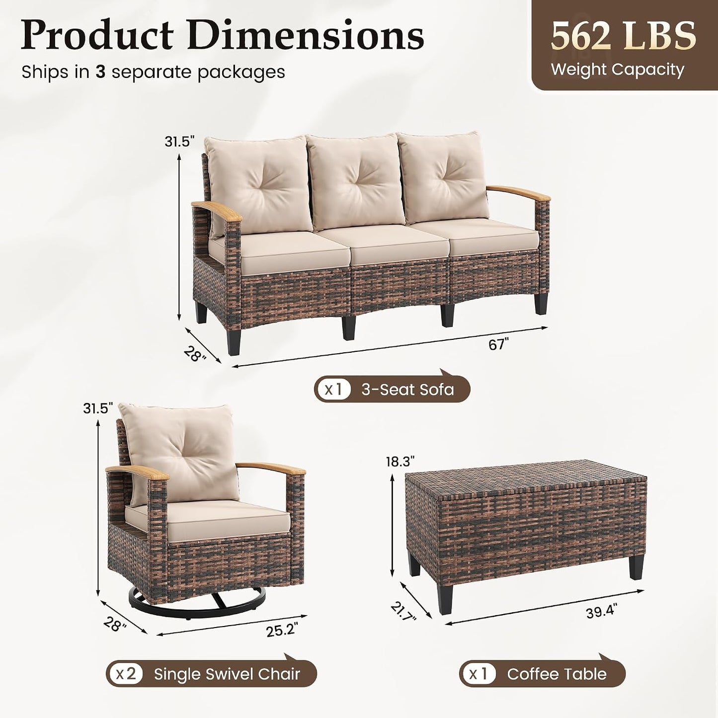 Amopatio Patio Furniture Set, 4 Pieces Outdoor Patio Conversation Sets with Swivel Chairs, Wicker Patio Furniture Set with Storage Table, Outdoor Couch Set for Balcony, Porch, Deck, Backyard, Beige