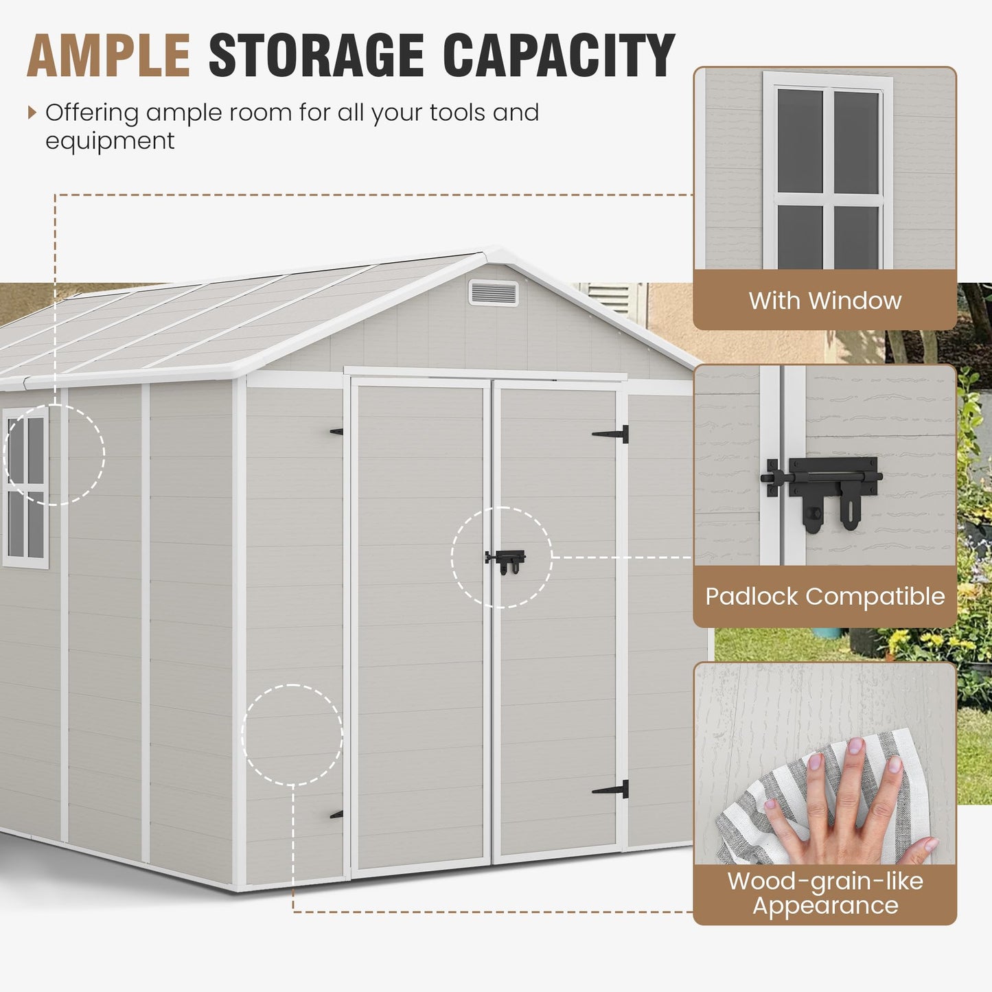 Amopatio 8x10 Storage Shed, Resin Outdoor Shed with Floor Included, Plastic Sheds Storage for Bike, Garden Tools, Sheds & Outdoor Storage with Lockable Door, Window & Vents, Sandstone