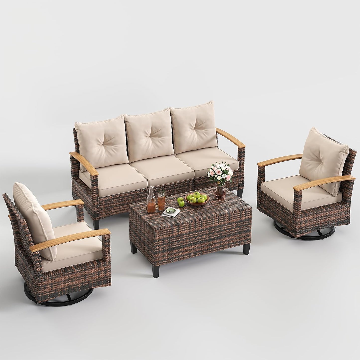 Amopatio Patio Furniture Set, 4 Pieces Outdoor Patio Conversation Sets with Swivel Chairs, Wicker Patio Furniture Set with Storage Table, Outdoor Couch Set for Balcony, Porch, Deck, Backyard, Beige