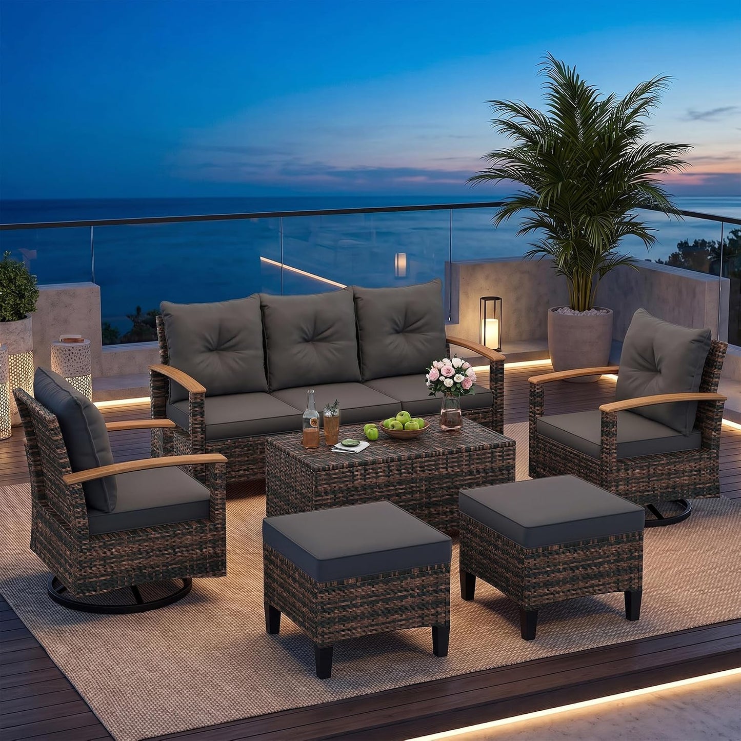 Amopatio Patio Furniture Set, 6-Piece Outdoor Patio Conversation Sets with Swivel Chairs, Wicker Patio Furniture Set with Storage Table & Ottoman, Outdoor Couch Set for Balcony, Porch, Deck, Gray
