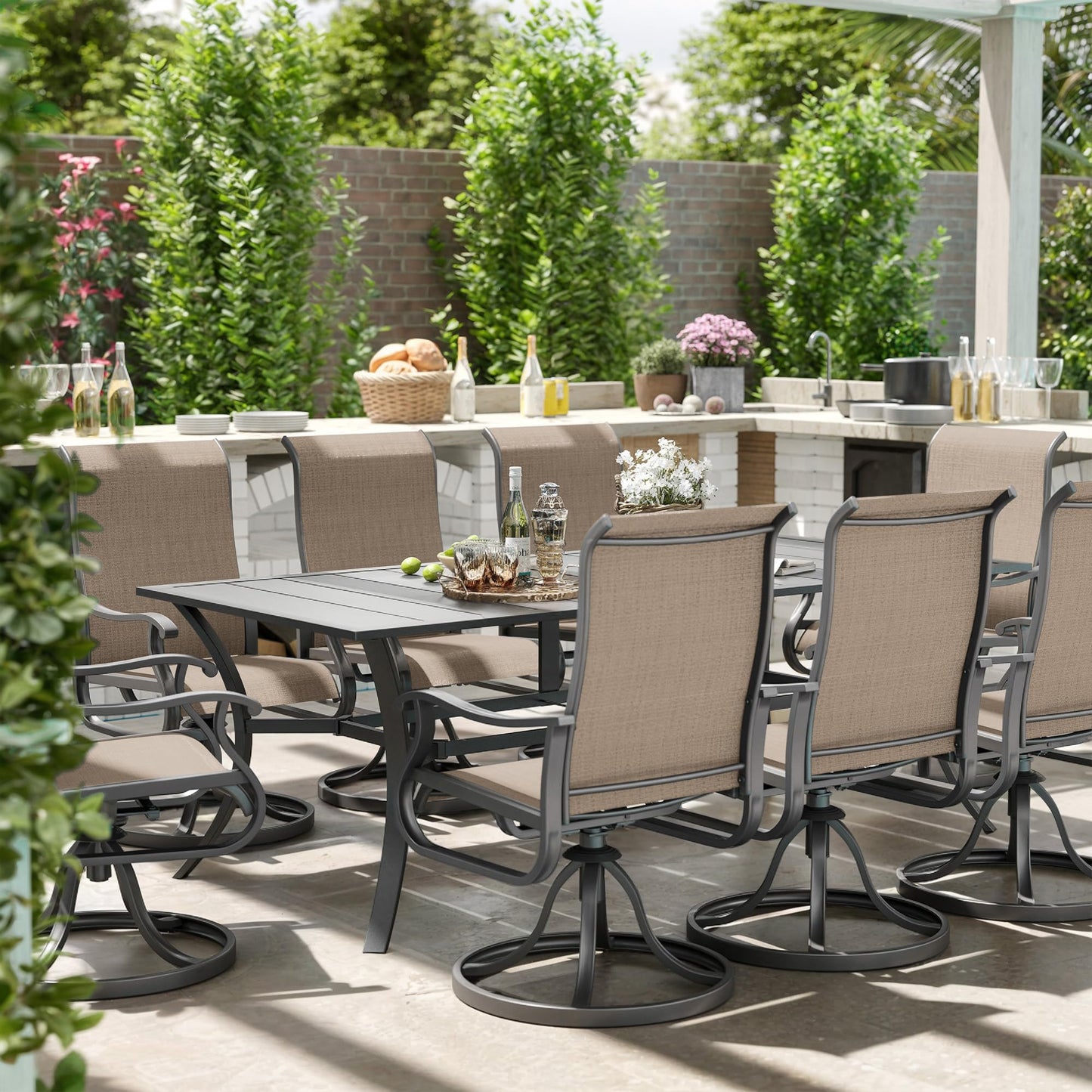 Amopatio Patio Swivel Chairs Set of 8, Outdoor Swivel Rocker Dining Chairs with All Weather Textilene High Back & Metal Frame, for Backyard Deck Lawn Garden, Brown
