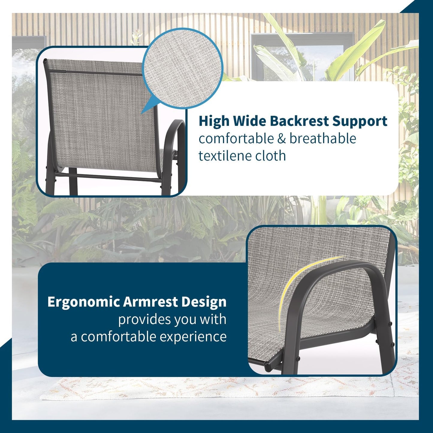 Amopatio Outdoor Bar Stools Set of 4, High Back Outdoor Bar Chairs, All-Weather Textile Bar Height Patio Chair, Sturdy Patio Bar Stools for Backyard, Porch, Light Grey