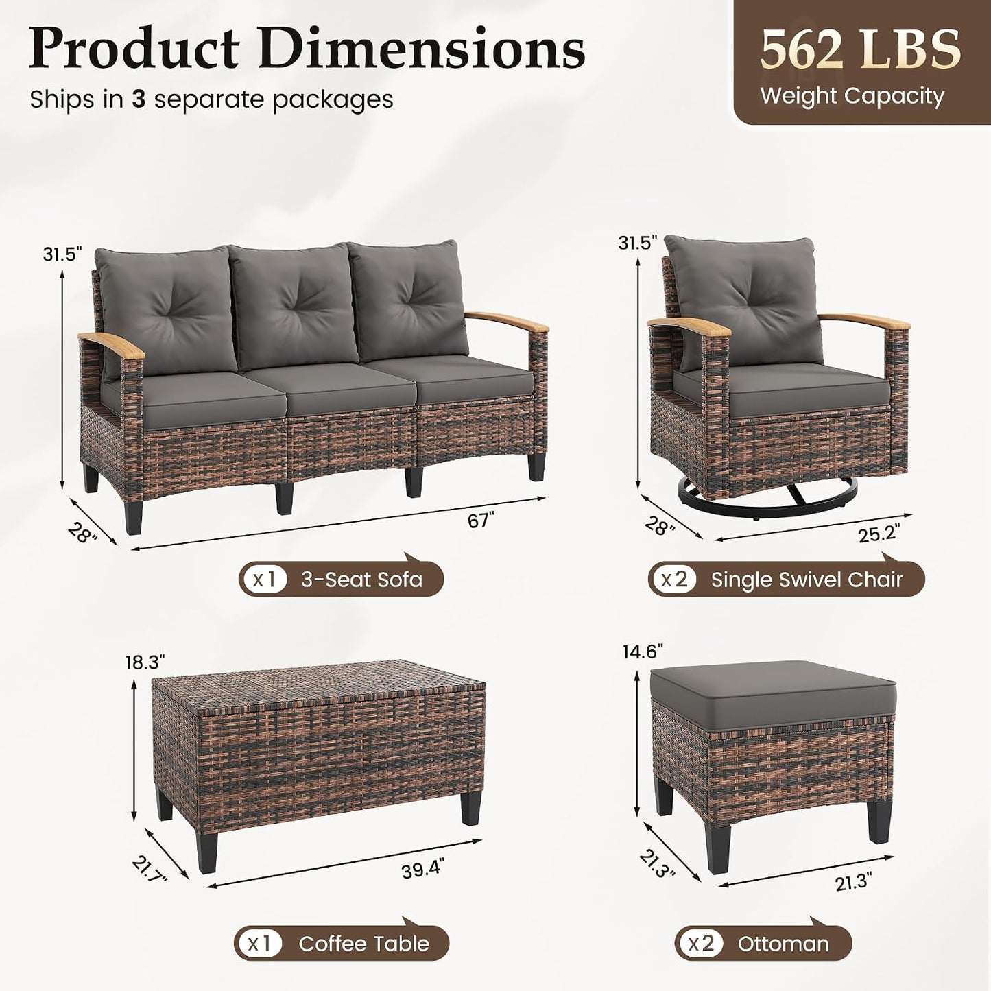 Amopatio Patio Furniture Set, 6-Piece Outdoor Patio Conversation Sets with Swivel Chairs, Wicker Patio Furniture Set with Storage Table & Ottoman, Outdoor Couch Set for Balcony, Porch, Deck, Gray