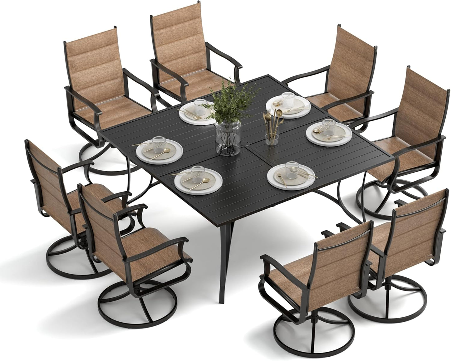 Amopatio 9 Pieces Patio Dining Set for 8, Outdoor Table and Chairs, 8 All Weather Padded Swivel Patio Chairs, 60" Patio Spliced  Square Table with Umbrella Hole, for Deck, Backyard &Poolside, Brown