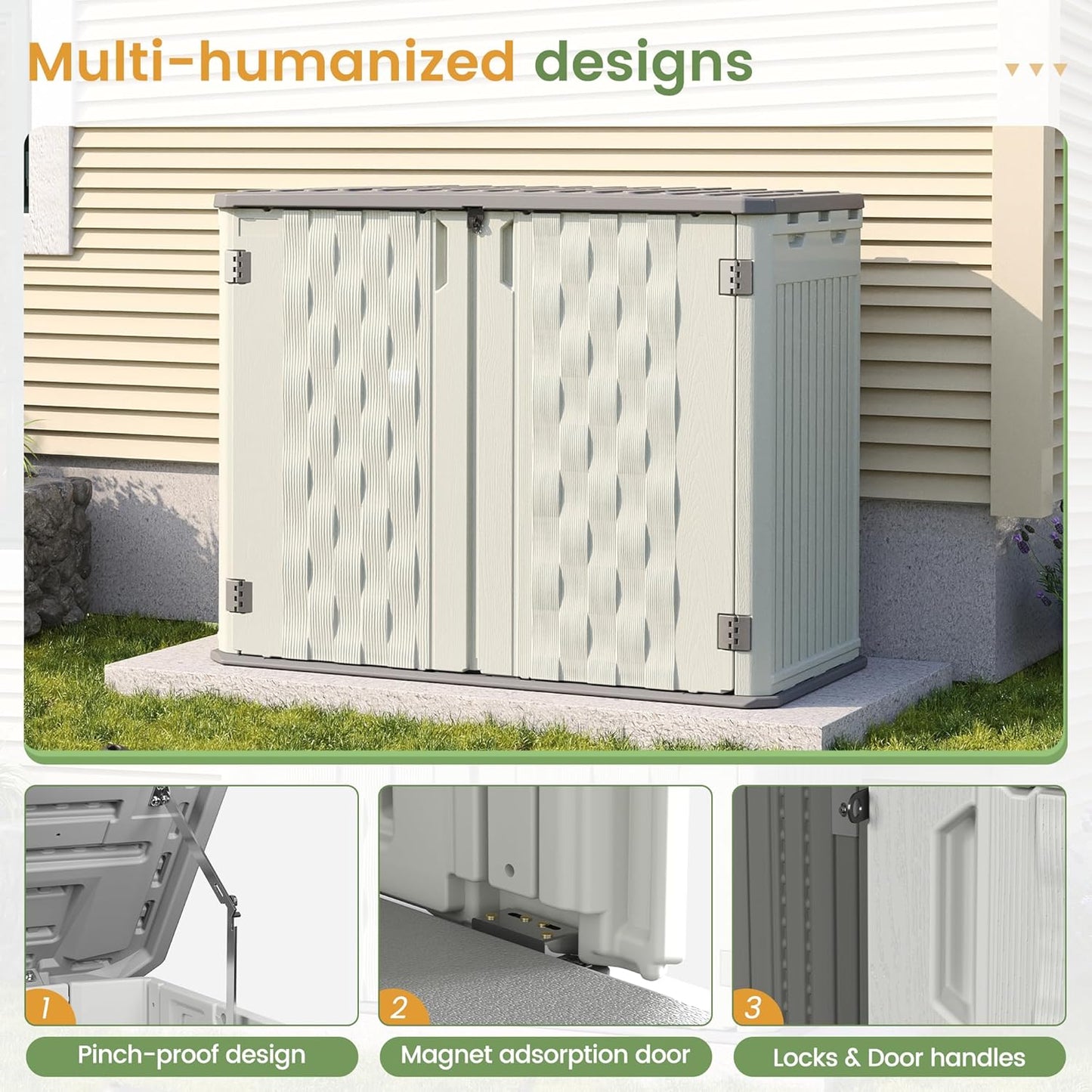 Amopatio 37 Cu Ft Premium Vertical Storage Shed, Outdoor Resin Shed with Floor, Waterproof Weather Resistance Plastic Cabinet, Lockable Doors for Patio, Garden Tools, Lawn, Grey & White