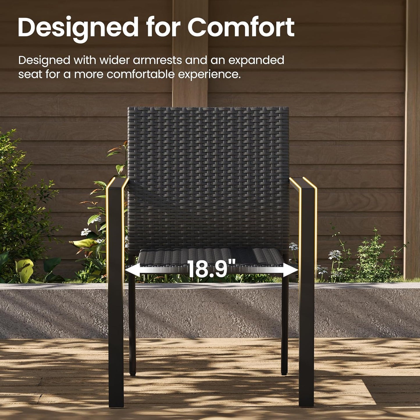 Amopatio Stackable Wicker Chairs, Patio Dining Chairs Set of 2, All-Weather Breathable Outdoor Dining Chair, Steel Frame, Armchair w/Armrests, for Garden, Porch, Deck, Poolside, Fire Pit, Black