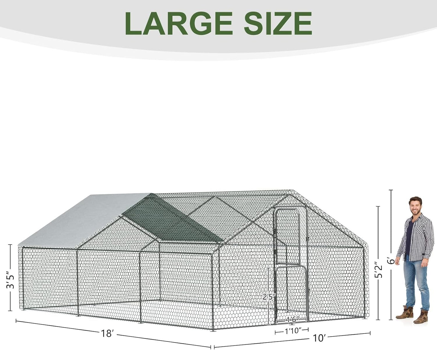 Amopatio Large Metal Chicken Coop Heavy Duty Walk-in Chicken Run Poultry Cage with Wire Mesh & Weatherproof PE Cover, Chicken Pen for 20-30 Chickens, Duck Rabbit House Outdoor (18x10x6.5 FT)