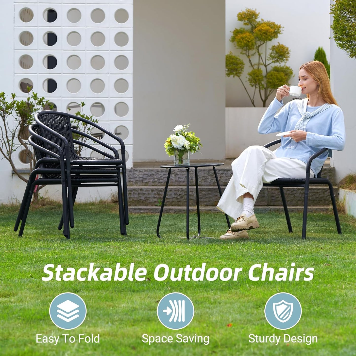 Amopatio Outdoor Dining Chairs Set of 6, Rattan Patio Chairs Wicker, Stackable Indoor-Outdoor Chairs, Bistro, Deck, Yard, Porch, Restaurant Stack Chairs-Black