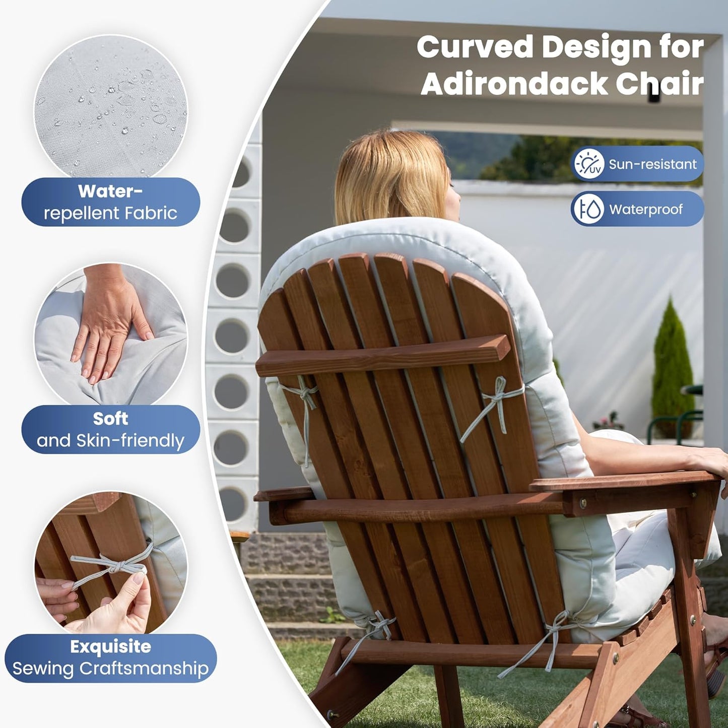 Amopatio Adirondack Chair Cushions 4" Thick Set [2-Pack] - Outdoor Cushions for Patio Furniture, Contoured Design with Anti-Slip Straps & Water-Resistant Fabric for Adirondack Chairs, Light Gray