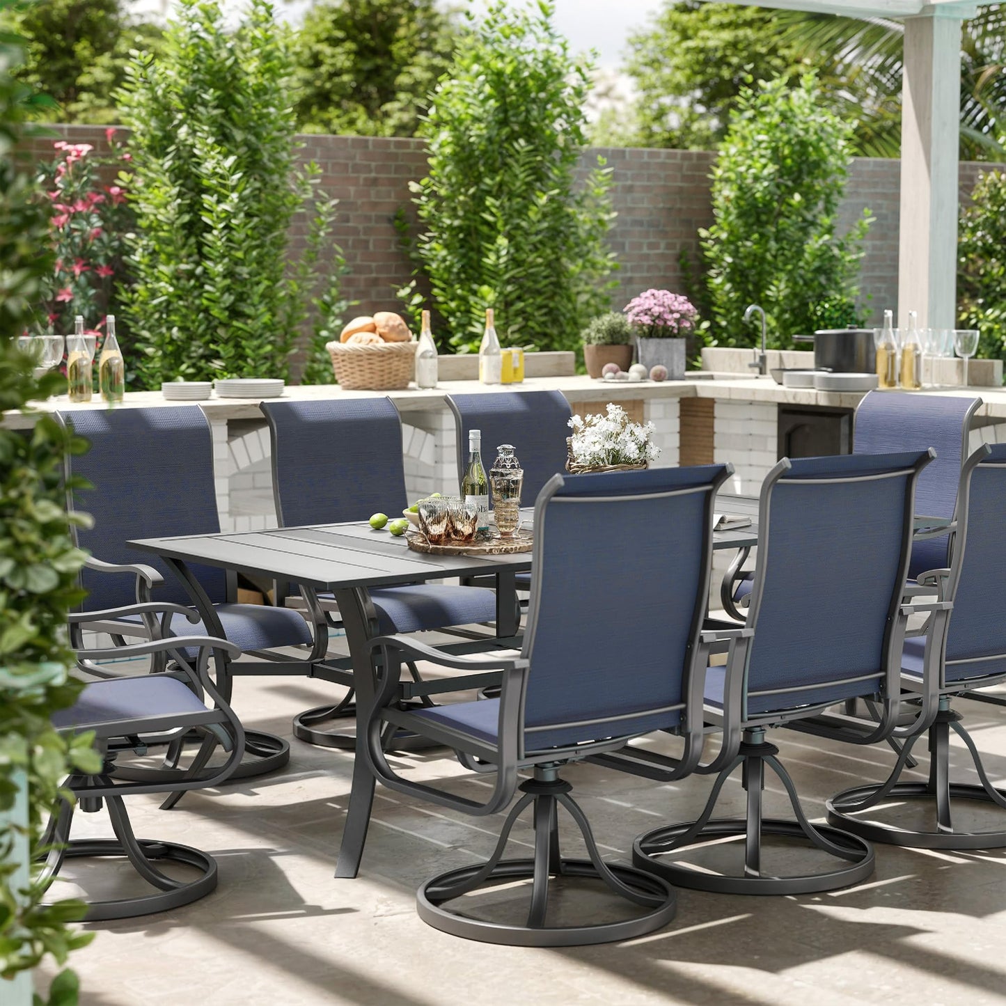 Amopatio Patio Swivel Chairs Set of 8, Outdoor Swivel Rocker Dining Chairs with All Weather Textilene High Back & Metal Frame, for Backyard Deck Lawn Garden, Navy Blue