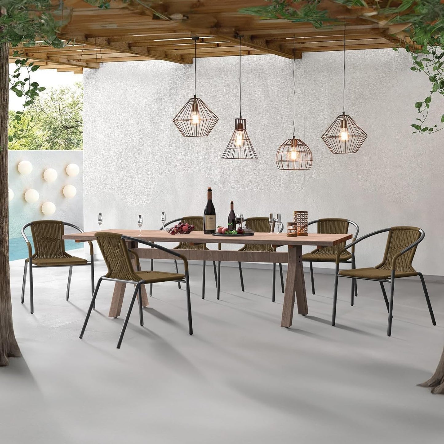 Amopatio Outdoor Dining Chairs Set of 6, Rattan Patio Chairs Wicker, Stackable Indoor-Outdoor Chair, Bistro, Deck, Yard, Porch, Restaurant Stack Chair 6 Pack, Brown