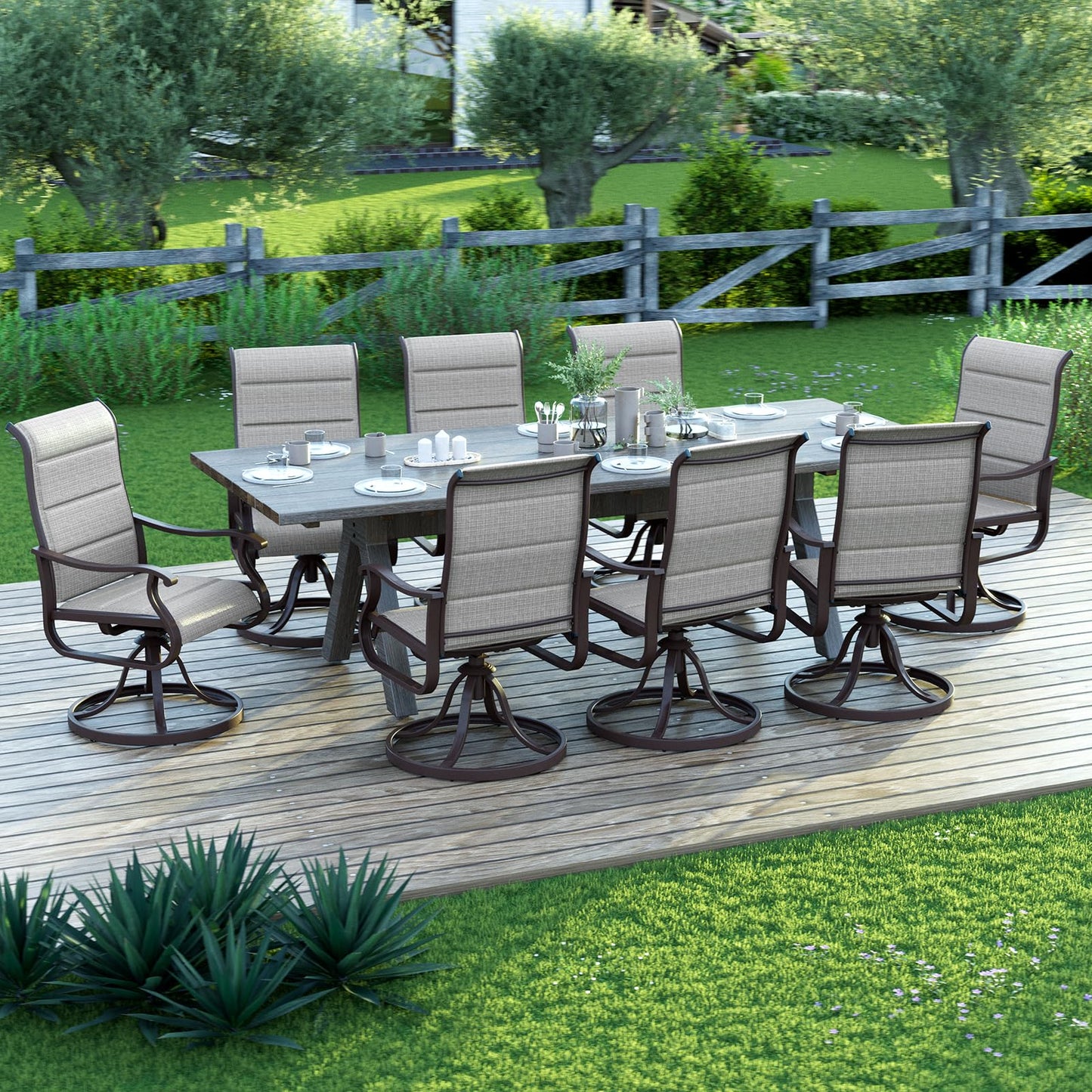Amopatio Padded Patio Swivel Chairs Set of 8, Outdoor Dining Chairs with Ultra Soft Textilene High Back Seat & Metal Rocker Frame, for Backyard Deck Lawn Garden, Light Gray