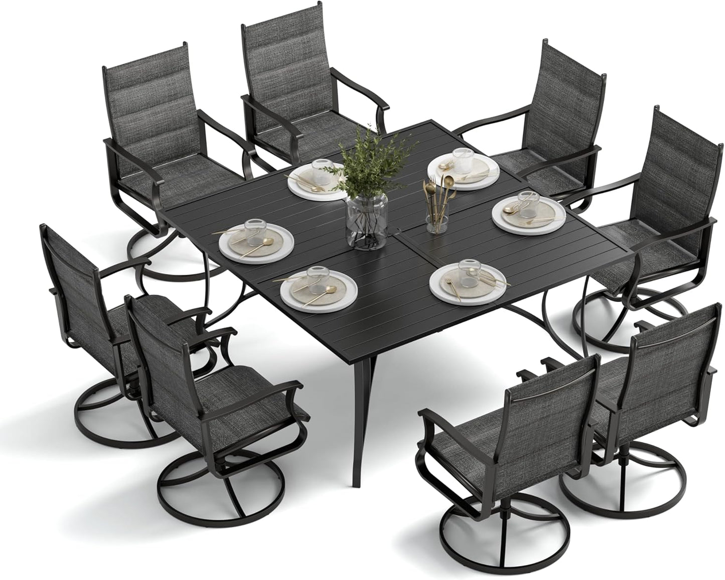 Amopatio 9 Pieces Patio Dining Set for 8, Outdoor Table and Chairs, 8 All Weather Padded Swivel Patio Chairs, 60" Patio Spliced  Square Table with Umbrella Hole, for Backyard & Poolside, Dark Gray