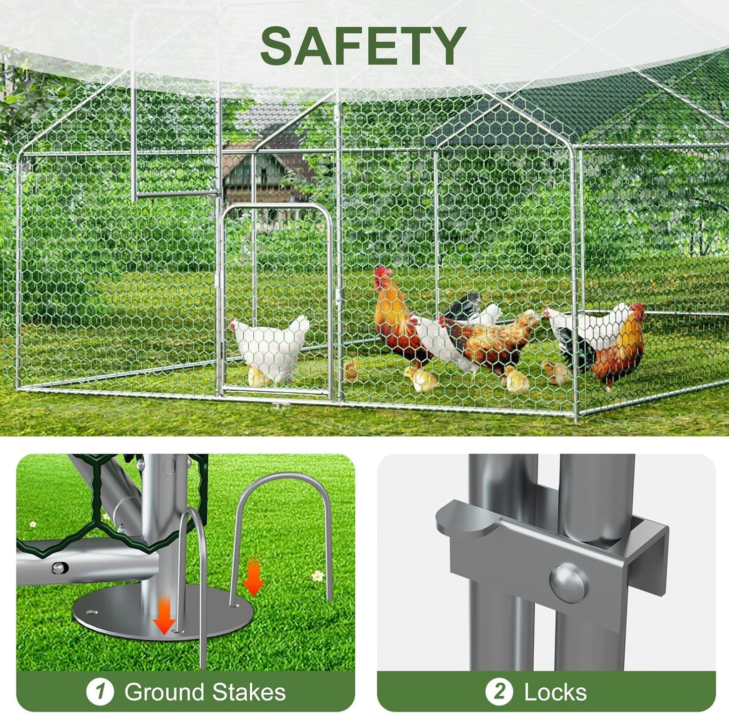 Amopatio Large Metal Chicken Coop Heavy Duty Walk-in Chicken Run Poultry Cage with Wire Mesh & Weatherproof PE Cover, Chicken Pen for 20-30 Chickens, Duck Rabbit House Outdoor (18x10x6.5 FT)