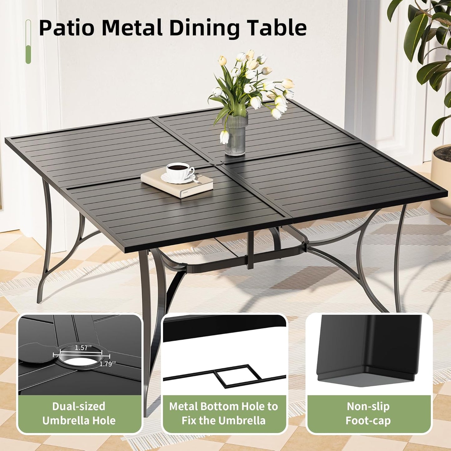 Amopatio 9 Pieces Patio Dining Set for 8, Outdoor Table and Chairs, 8 All Weather Swivel Patio Chairs, 60" Patio Spliced  Square Table with Umbrella Hole, for Deck, Backyard, Poolside & Garden, Brown