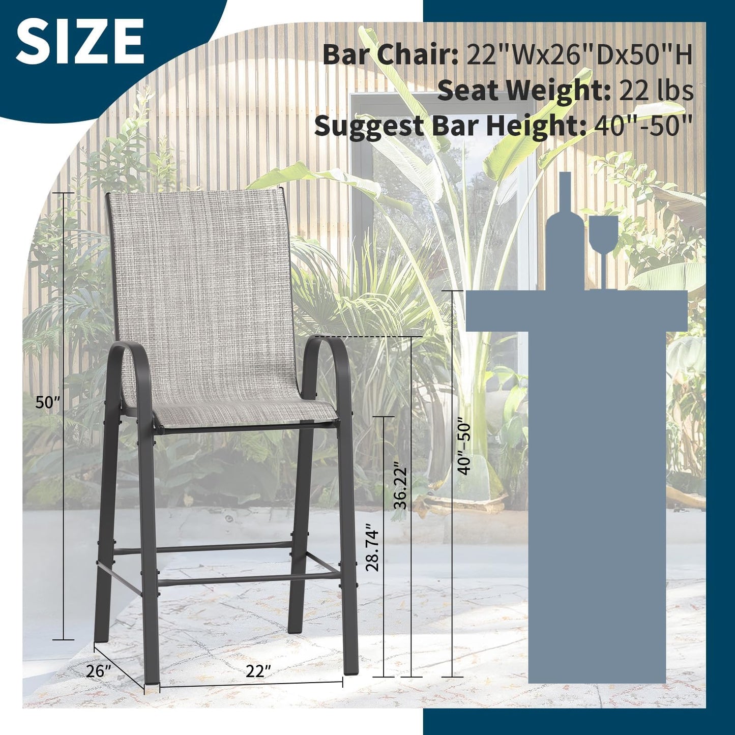 Amopatio Outdoor Bar Stools Set of 4, High Back Outdoor Bar Chairs, All-Weather Textile Bar Height Patio Chair, Sturdy Patio Bar Stools for Backyard, Porch, Light Grey