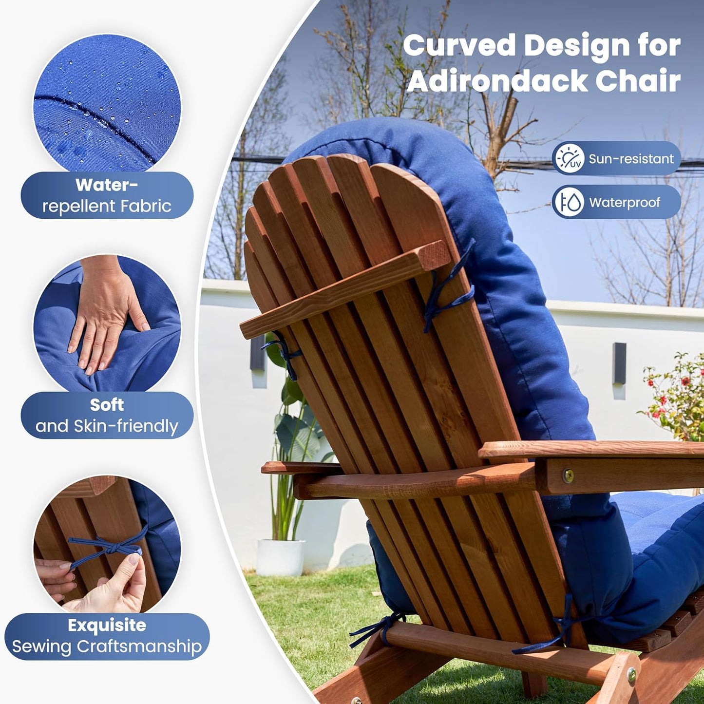 Amopatio Adirondack Chair Cushions 4" Thick Set [2-Pack] - Outdoor Cushions for Patio Furniture, Contoured Design with Anti-Slip Straps & Water-Resistant Fabric for Adirondack Chairs, Navy Blue
