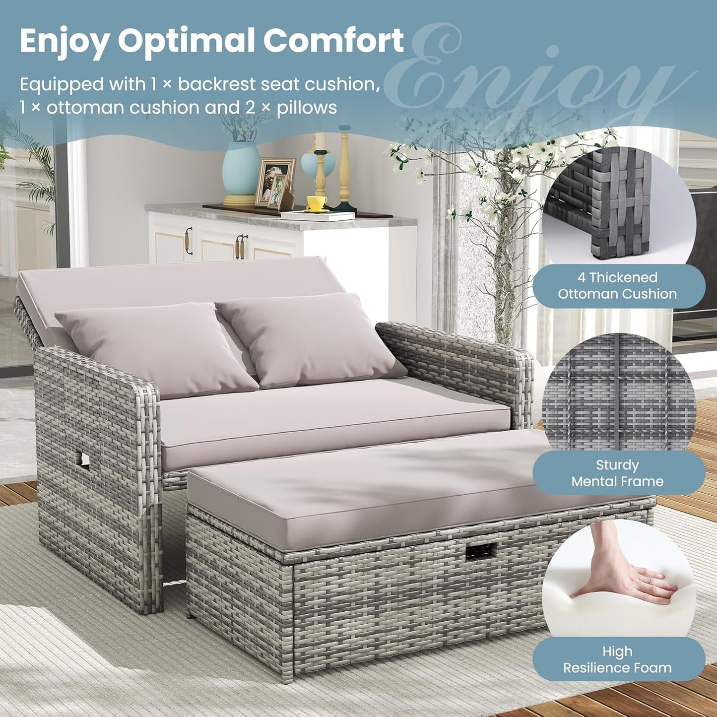 Amopatio Wicker Outdoor Daybed - Outdoor Loveseat with Storage Ottoman,4-Level Adjustable Backrest & Cushions, Patio Loveseat for Yard, Balcony, Porch, Garden, Poolside（Grey）