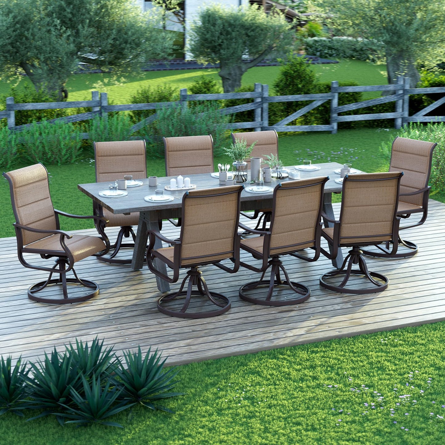 Amopatio Padded Patio Swivel Chairs Set of 8, Outdoor Dining Chairs with Ultra Soft Textilene High Back Seat & Metal Rocker Frame, for Backyard Deck Lawn Garden, Brown