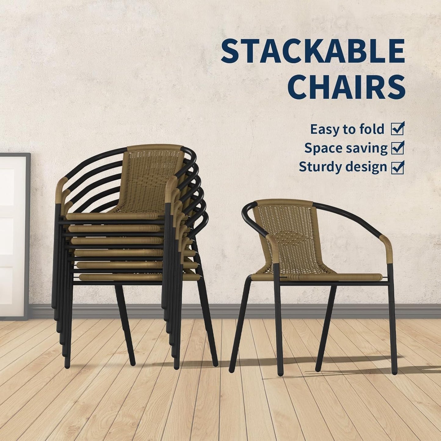 Amopatio Outdoor Dining Chairs Set of 6, Rattan Patio Chairs Wicker, Stackable Indoor-Outdoor Chair, Bistro, Deck, Yard, Porch, Restaurant Stack Chair 6 Pack, Brown