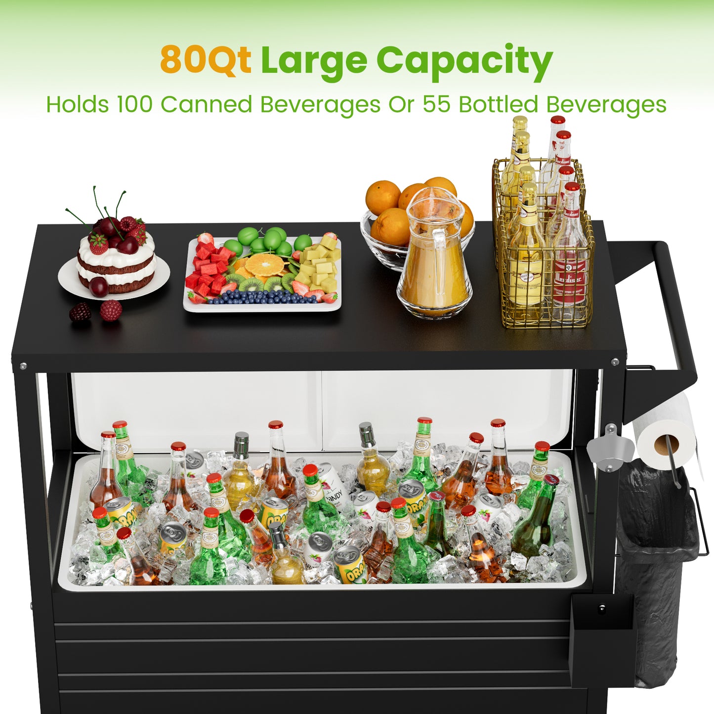 80QT Rolling Ice Chest with Tabletop, Insulated Cooler Cart with Wheels, Outdoor Kitchen Prep Station & Drink Cooler for Patio, BBQ, Camping, Black