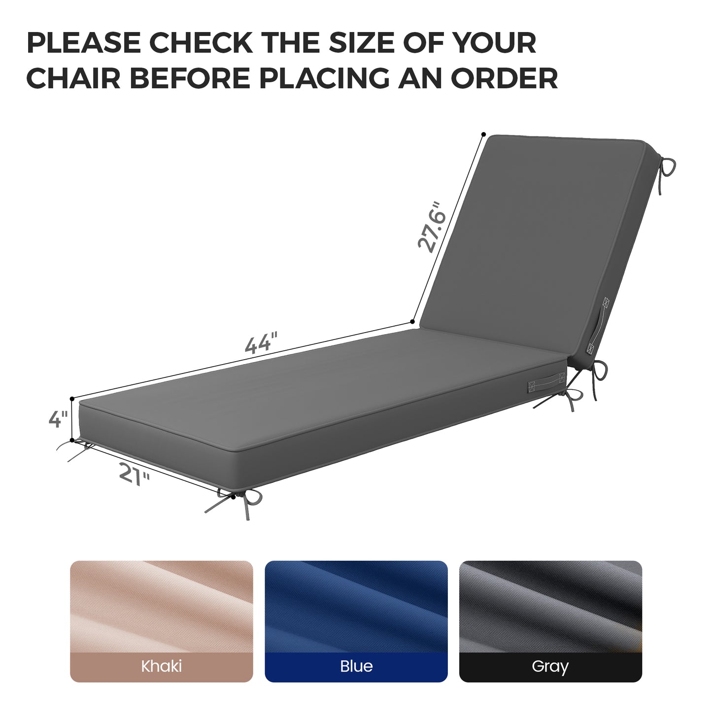 AmopatioOutdoor Chaise Lounge Cushions, Patio Furniture Cushions Non-Slip with Waterproof and Fade Resistant Cover, Removable Pool Lounge Chair Cushion for Poolside,Deck,Backyard,71.6x21x4 Inch,Gray