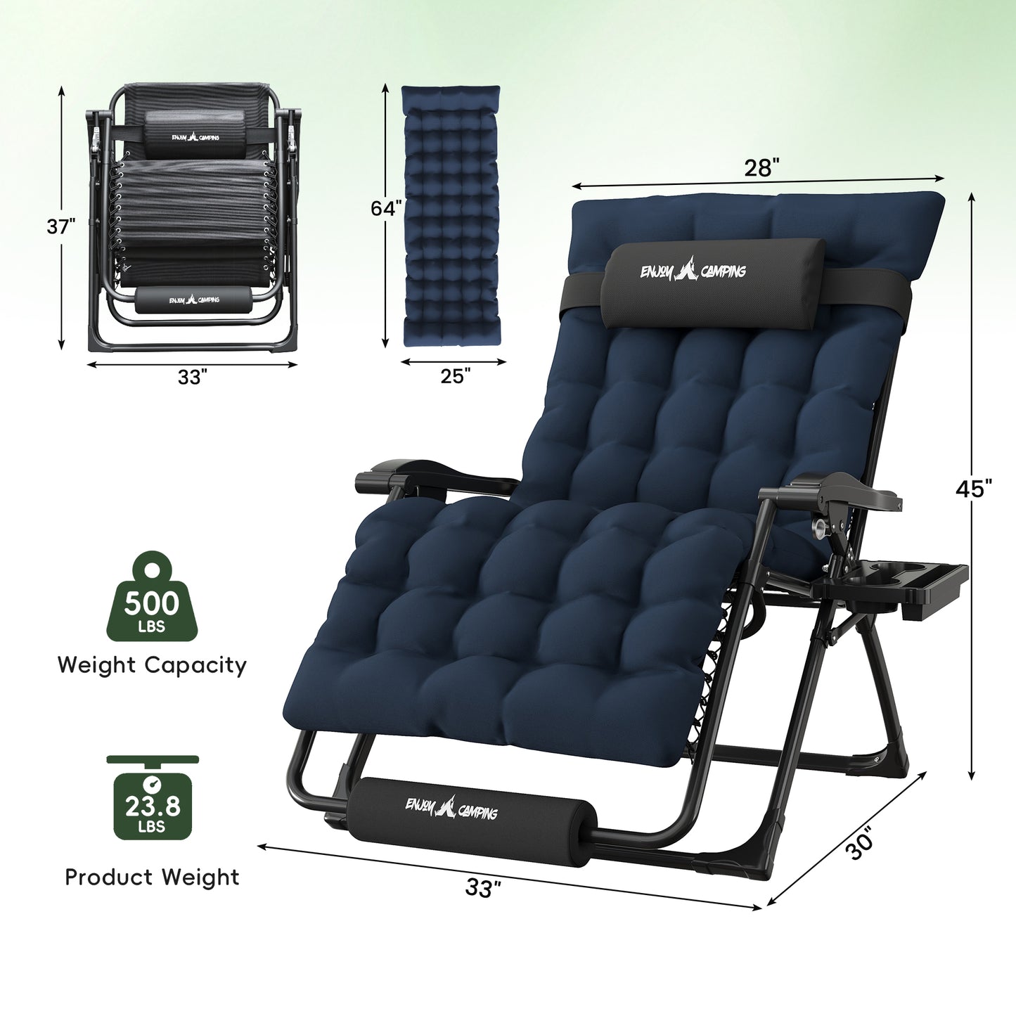Amopatio Oversized Zero Gravity Chair, 33''W Reclining Camping Lounge Chair Upgraded Lock and Footrest, Folding Patio Recliner with Cup Holder, Removable Cushion & Headrest