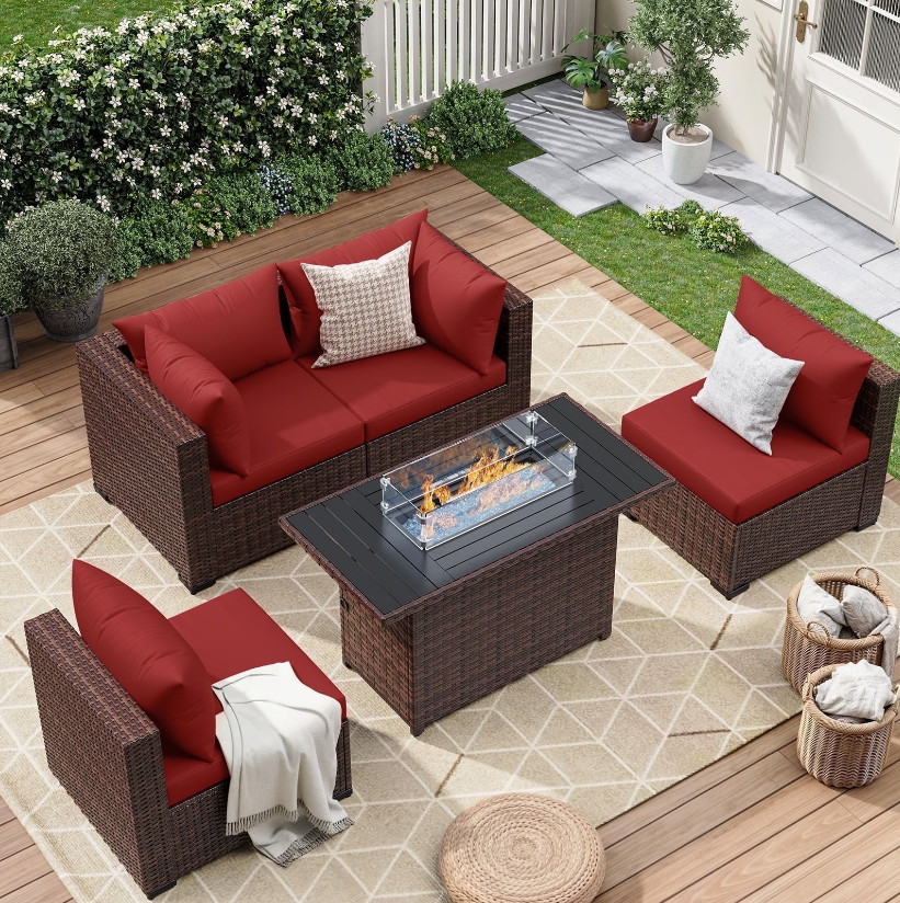 ELPOSUN 5 Pieces Patio Furniture Set All Weather Outdoor Sectional Sofa, Outdoor Modern Sectional Furniture Wicker Couch with Fire Pit Table, Thicken Red Cushions, Water Resistant